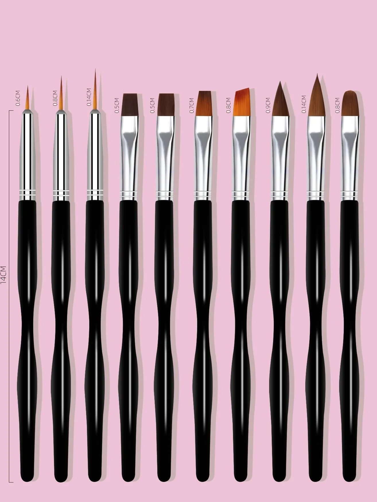Set di pennelli per nail art, 10 pennelli per nail art, pennelli professionali per nail art, pennelli sottili per unghie, neri