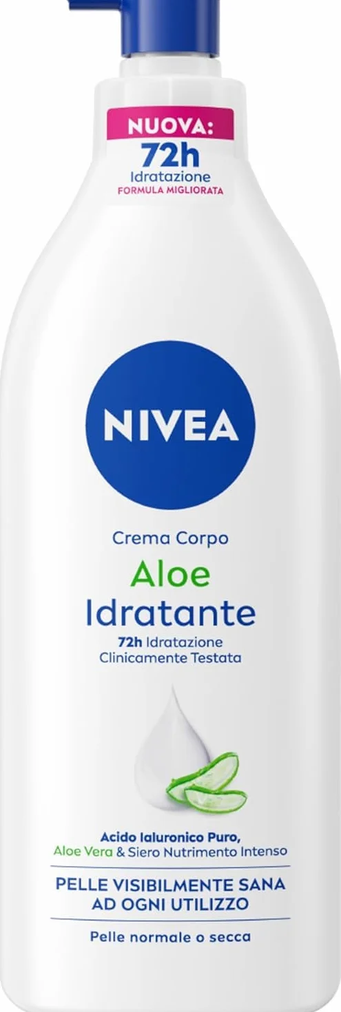 NIVEA Crema Corpo Aloe Idratante 500 ml, Crema idratante corpo 72h arricchita con Acido Ialuronico Puro, Aloe Vera e Siero Nutrimento Intenso, Crema corpo idratante pelle secca o normale
