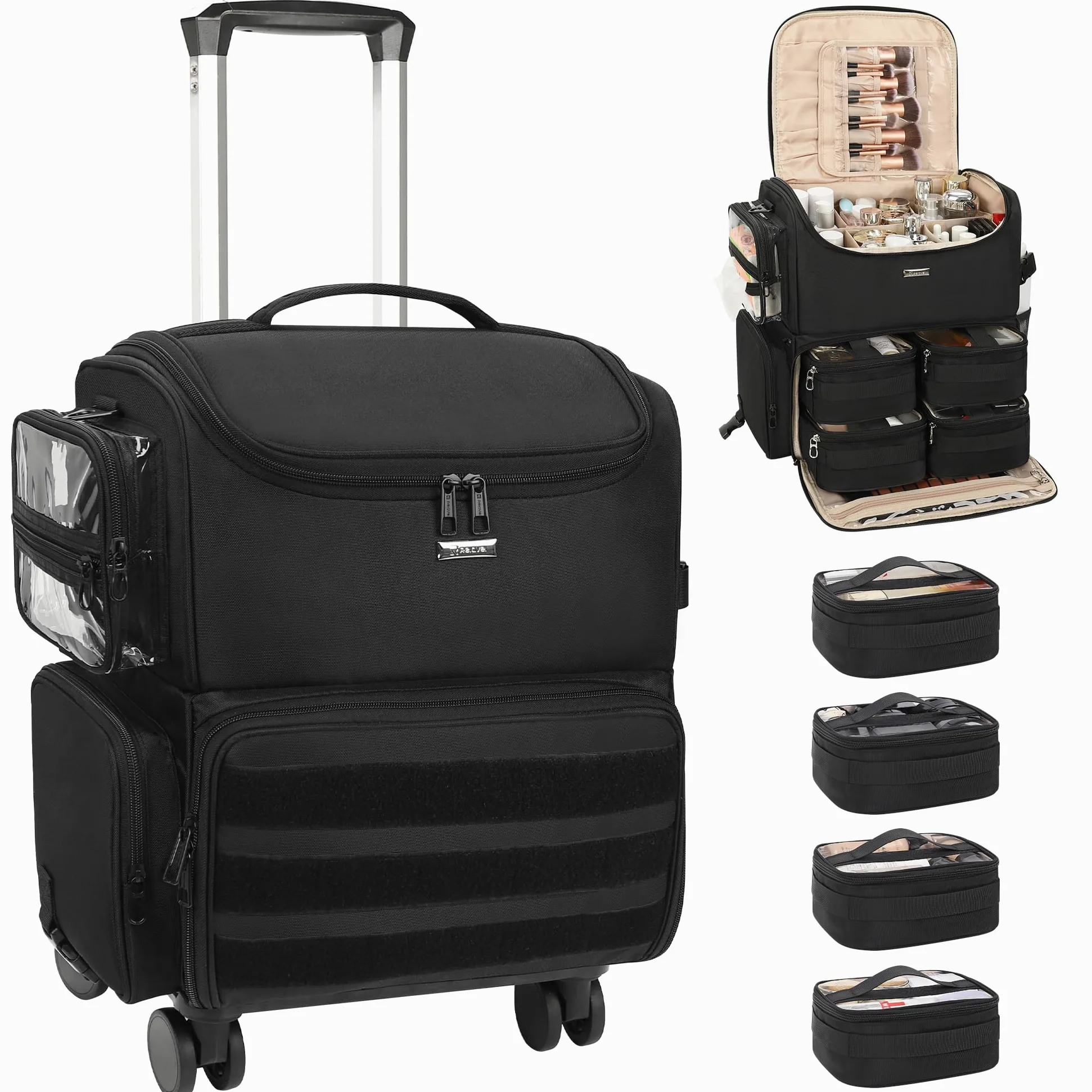 Relavel Valigetta per trucchi con ruote + 4 tasche trasparenti, set professionale per truccatori, organizer per cosmetici con divisori regolabili, ruote girevoli a 360°, nero