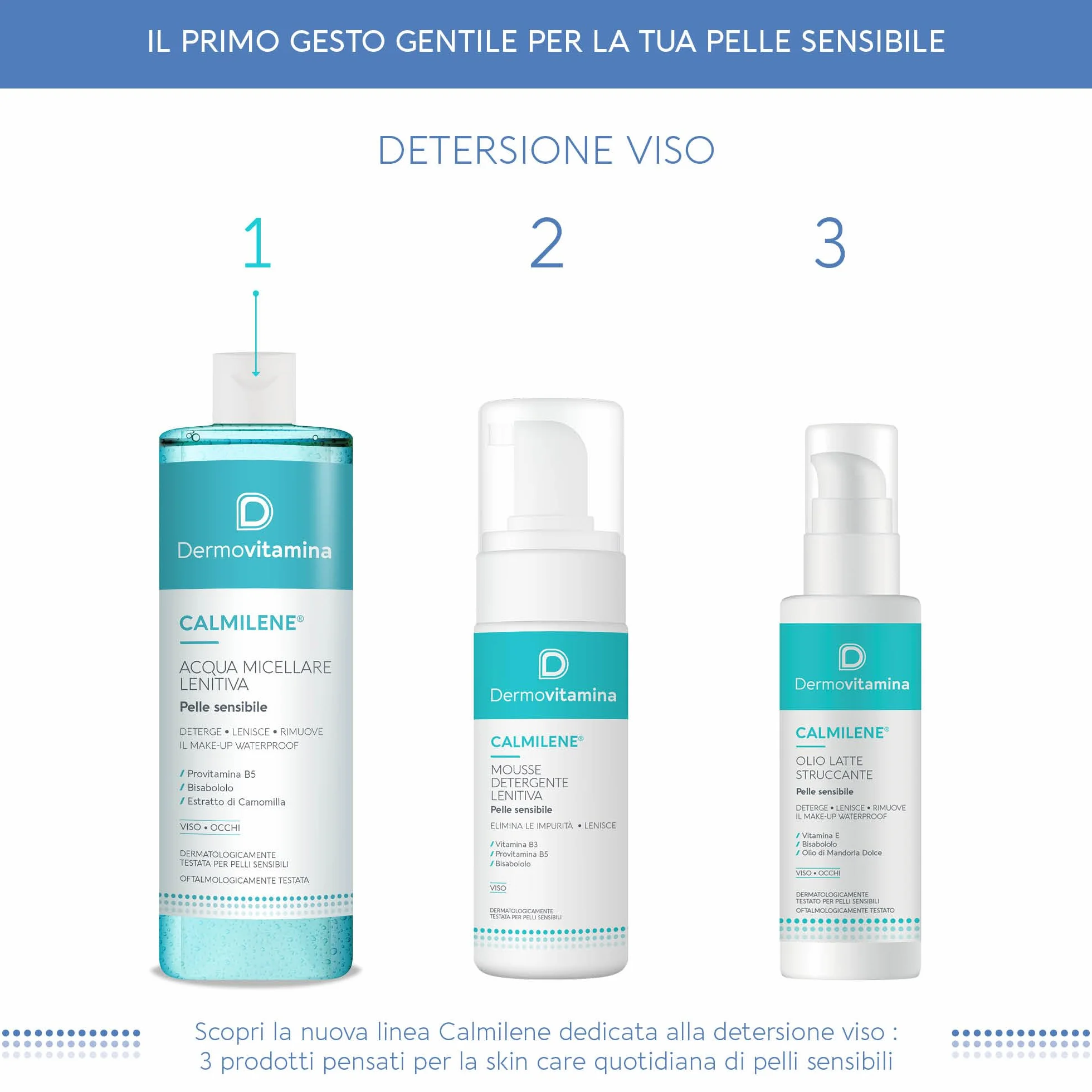 Dermovitamina Calmilene - Acqua Micellare Lenitiva - Struccante Occhi Delicato - Detergente Viso -Con Estratto di Camomilla ed Estratto di Olio d'Oliva - Per Pelle Sensibile - 500ml
