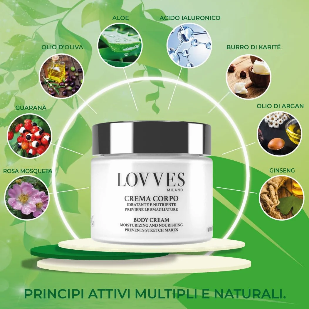 LOVVES Crema Corpo, Alta Cosmesi Naturale, Idratante Nutriente, Previene le Smagliature, indicata in Gravidanza, Tonifica e Rivitalizza la Pelle, la rende Morbida e Setosa, Vaso in Vetro 200ml