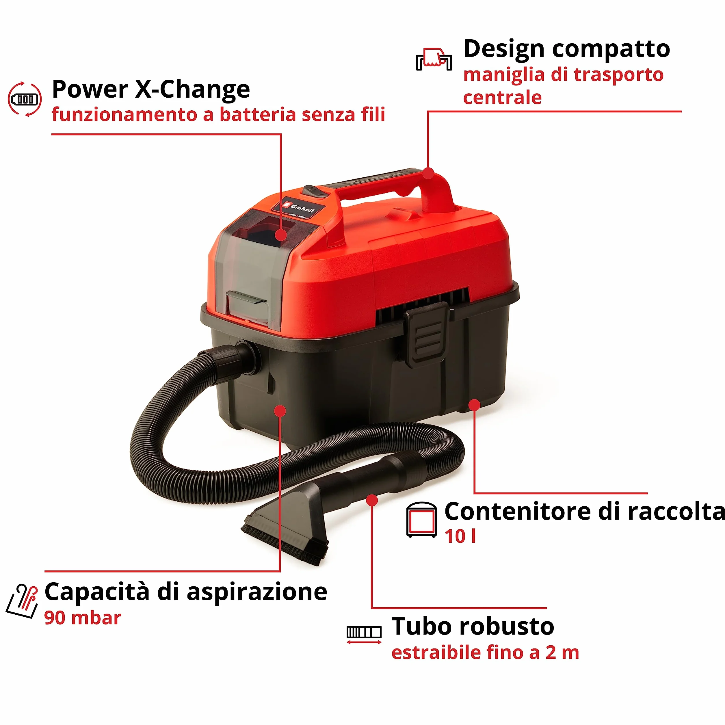 Einhell TE-VC 18/10 Li-Solo Power X-Change Aspirasolidi e liquidi 10 L 2 m