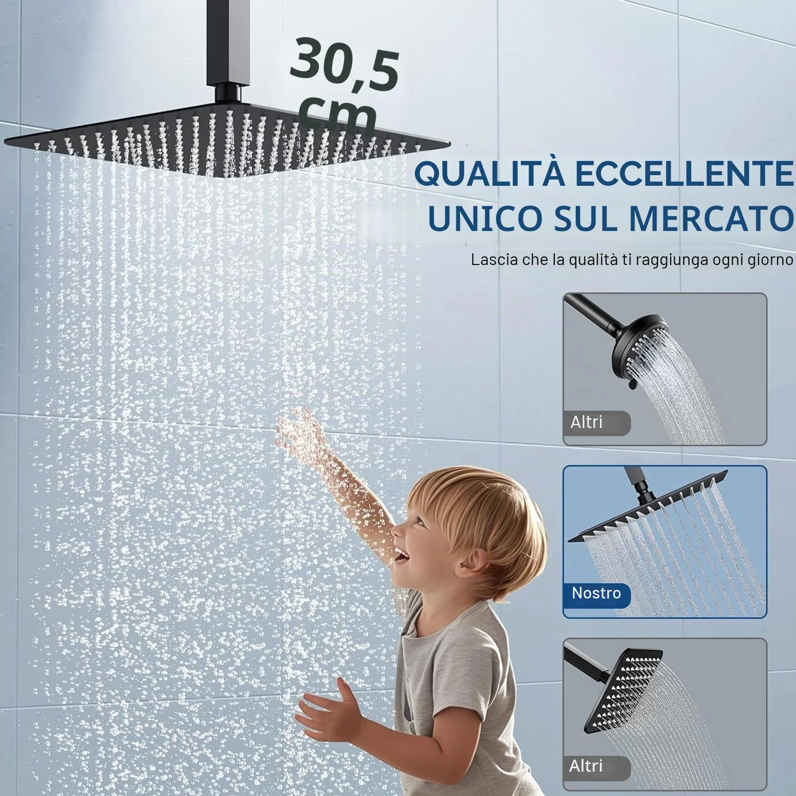 Soffione doccia a pioggia 12 pollici quadrato acciaio inox 304 30x30 cm finitura cromata spazzolata