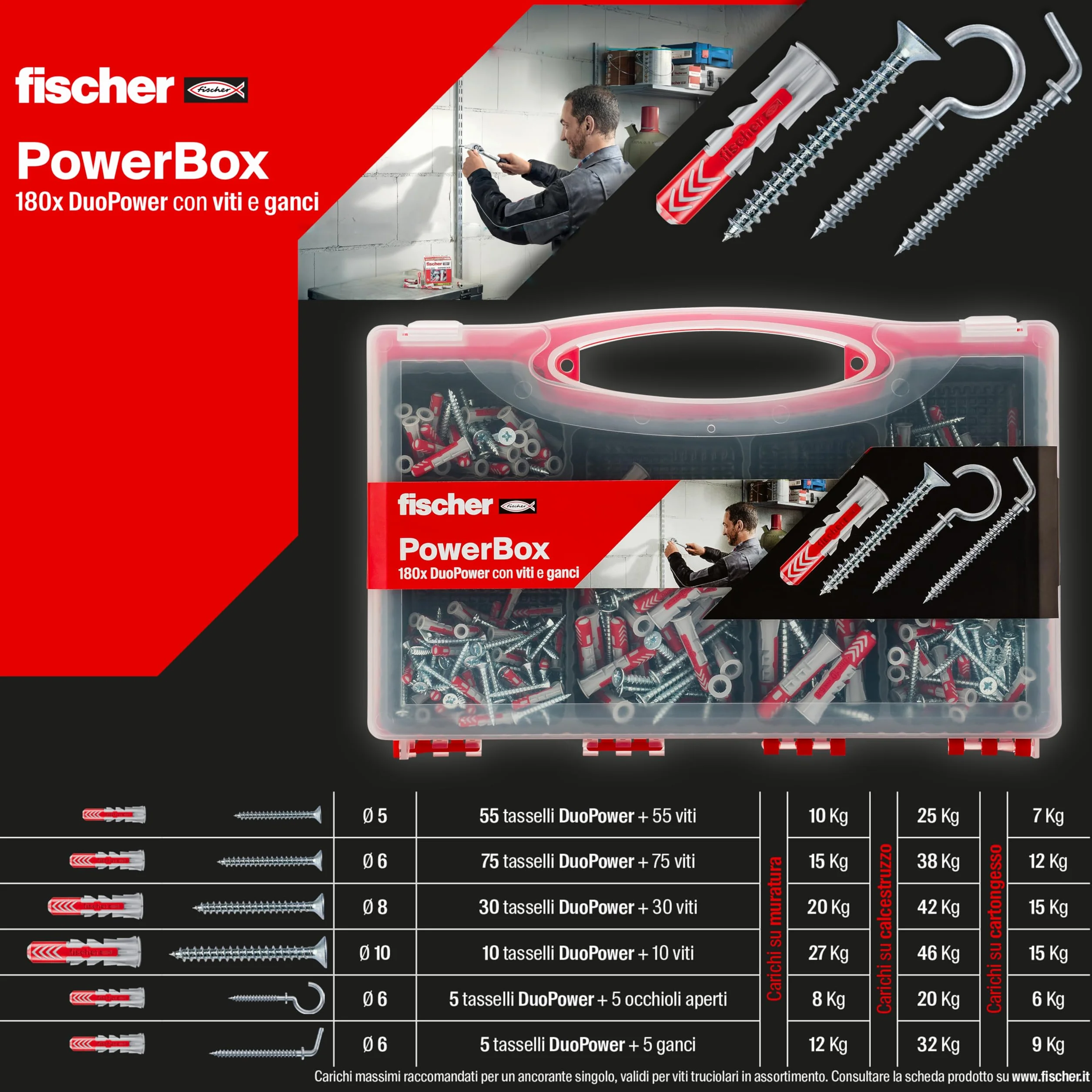 Fischer PowerBox 180 Tasselli DuoPower con Viti e Ganci, 360 Pz, per Muro Pieno, Forato e Cartongesso