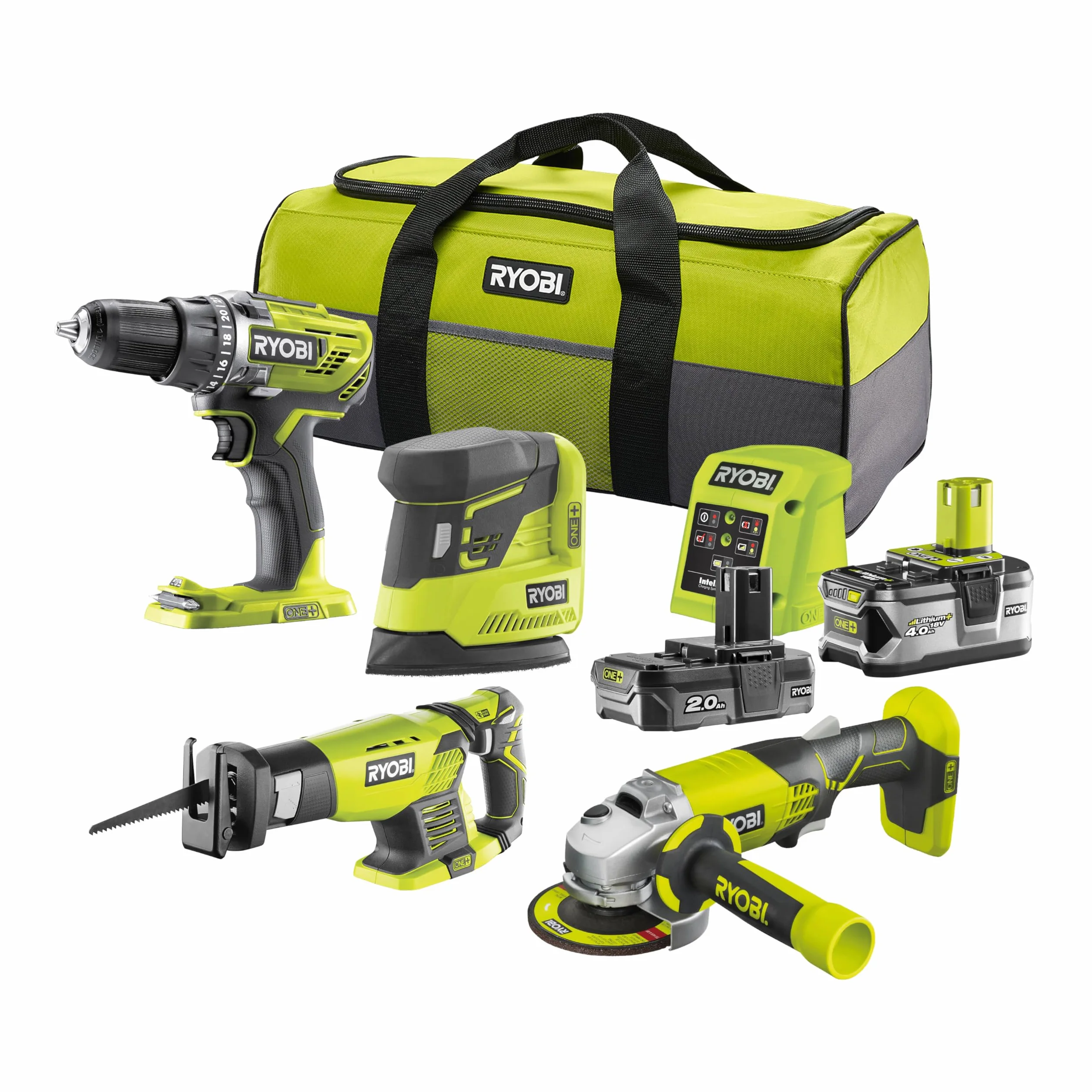Ryobi Kit 4 Utensili 18V ONE+ Trapano 50 Nm Smerigliatrice Sega Dritta Levigatrice 2 Batterie 2.0Ah 4.0Ah Caricatore Borsa R18CK4E-242S
