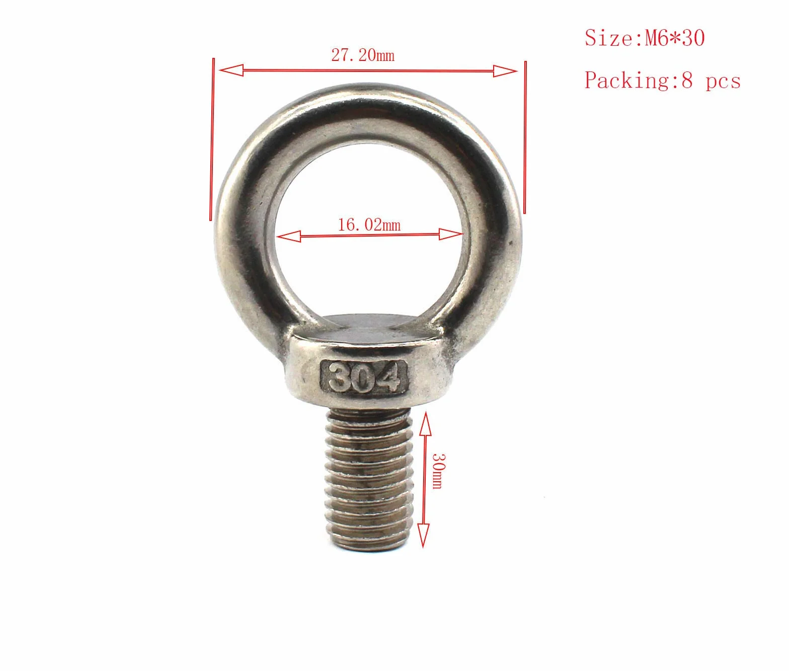 Anello per sollevamento in acciaio inox 304 M6 filettatura allungata 30 mm 8 pezzi