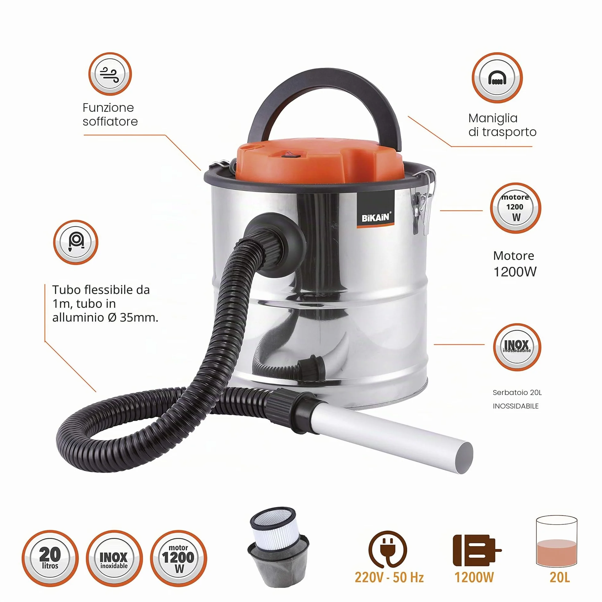 Bikain Aspiracenere 1200W 20L Acciaio Inox con Funzione Soffiante