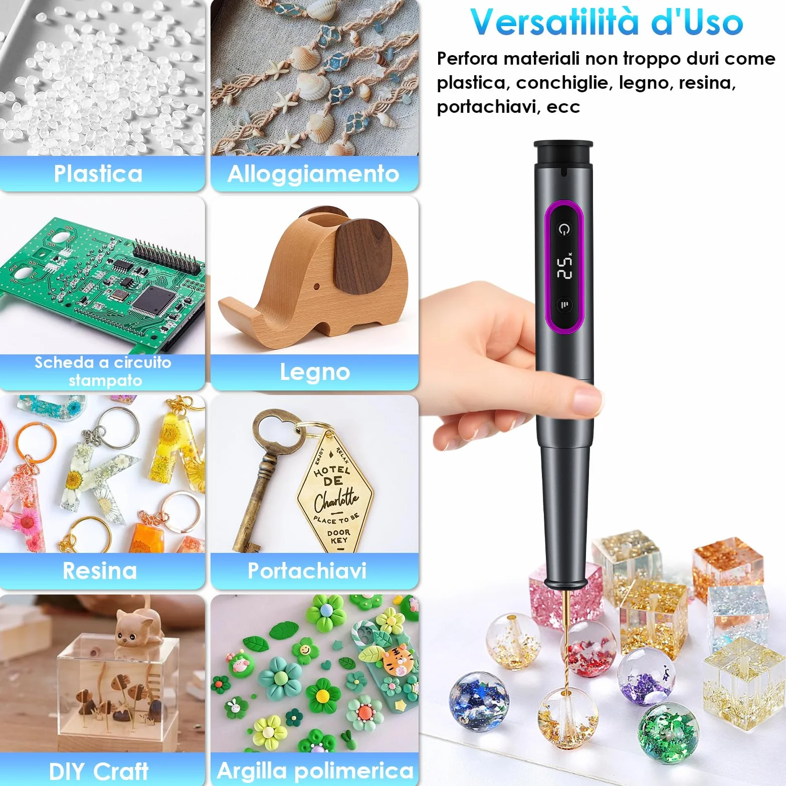 Diealles Shine Mini Trapano Elettrico a Batteria con 10 Punte, 5 Velocità, Ricarica USB per Gioielli/Legno/PCB