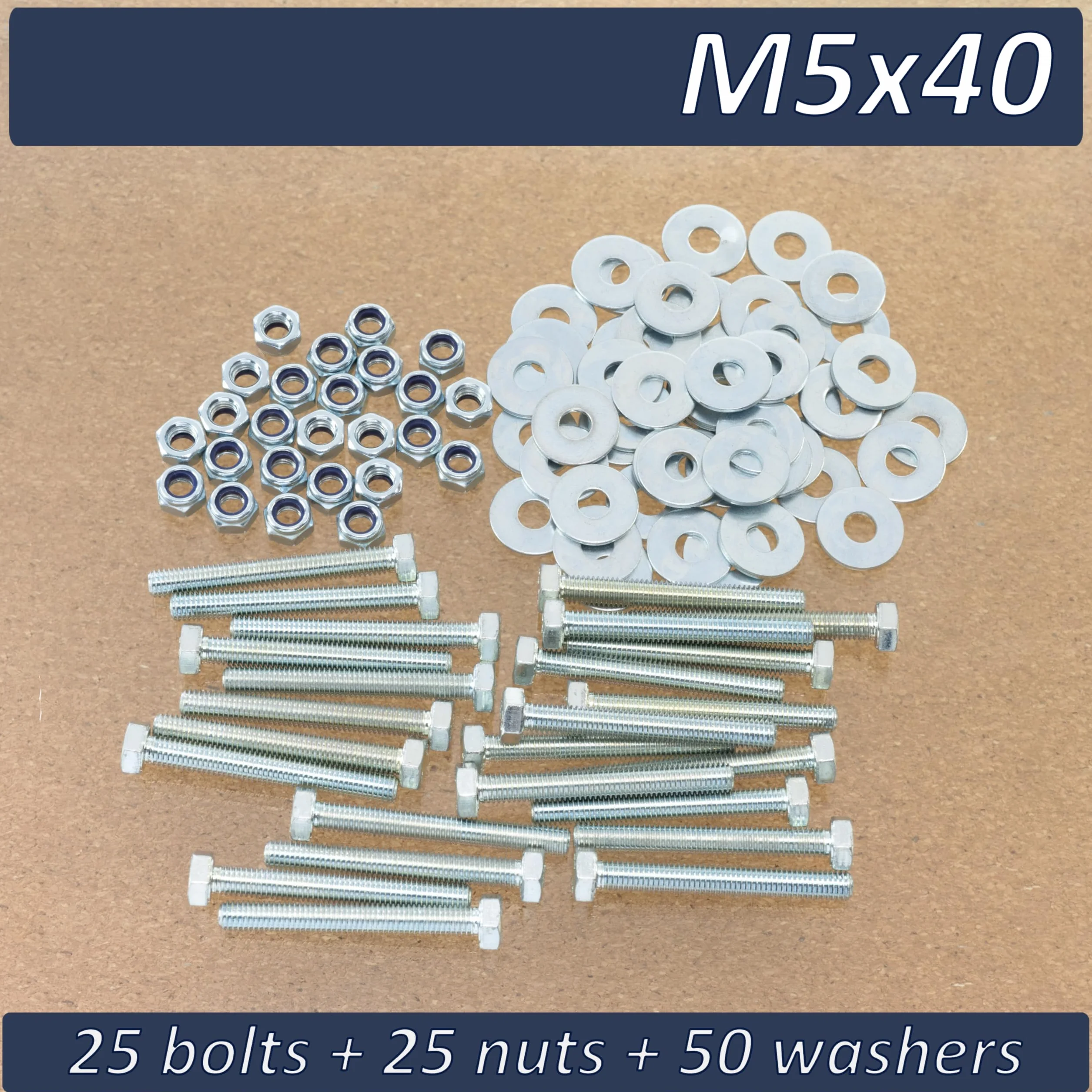 AERZETIX Set di 25 bulloni a testa esagonale M5x40 mm + 50 rondelle larghe + 25 dadi esagonali autobloccanti M5 in acciaio