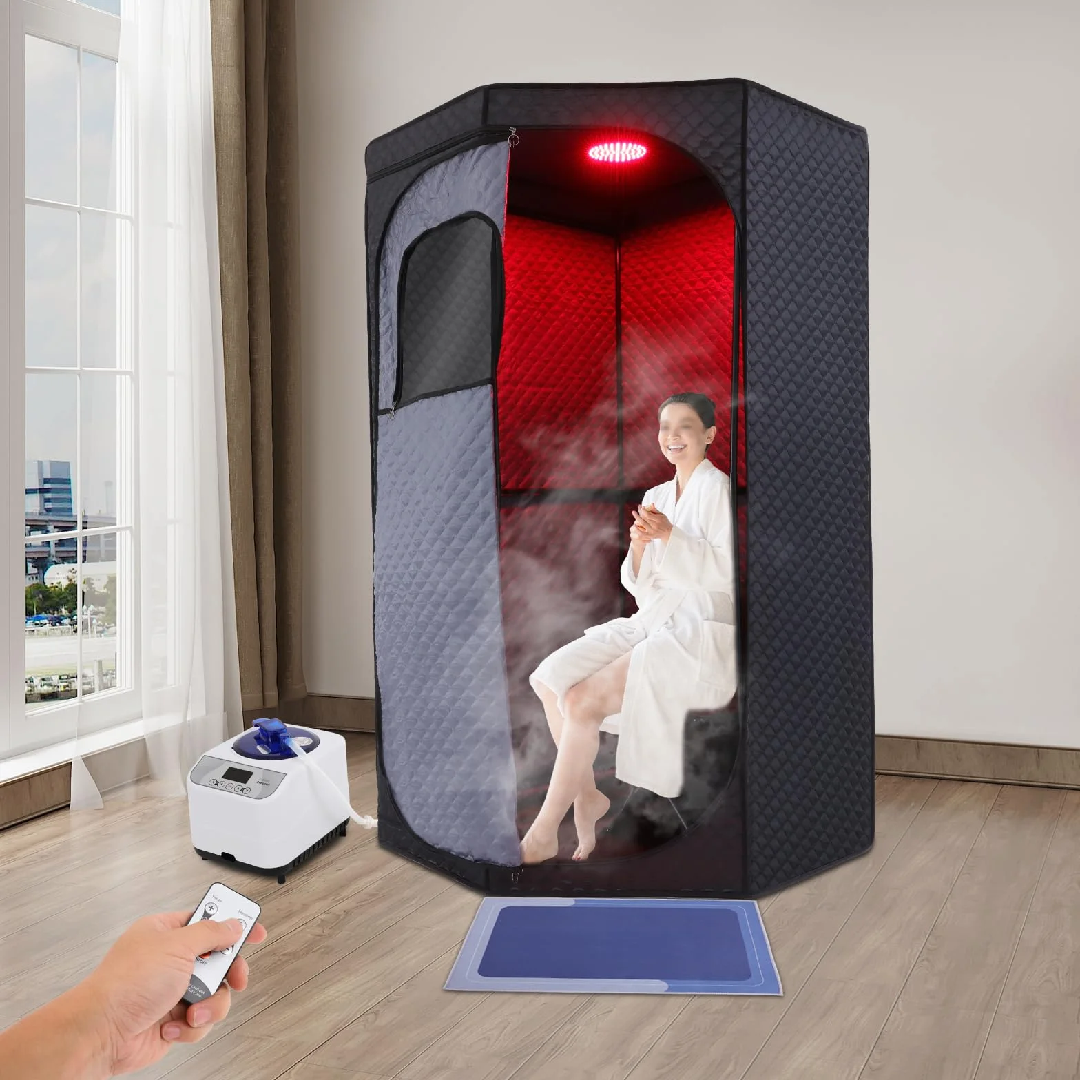 Tenda sauna a vapore infrarossi con sedia pieghevole e caldaia 1500 W per casa e spa