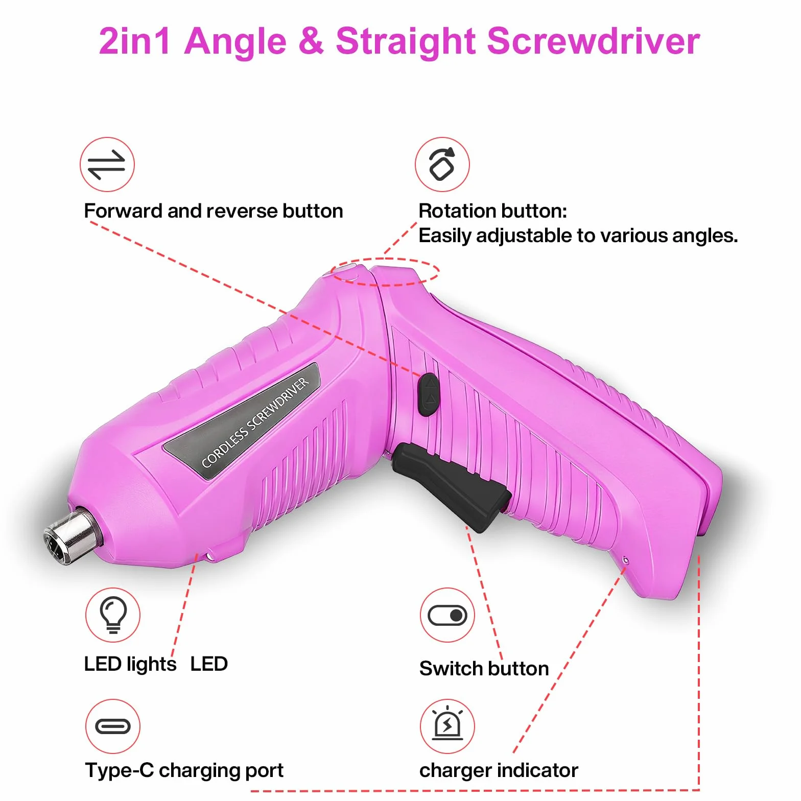 Mini Avvitatore a Batteria 3.6V 1300mAh Ricaricabile USB, Cacciavite Elettrico 47 Pezzi, Coppia 3.6Nm, 2 Posizioni 90°-180°, Luce LED Nero