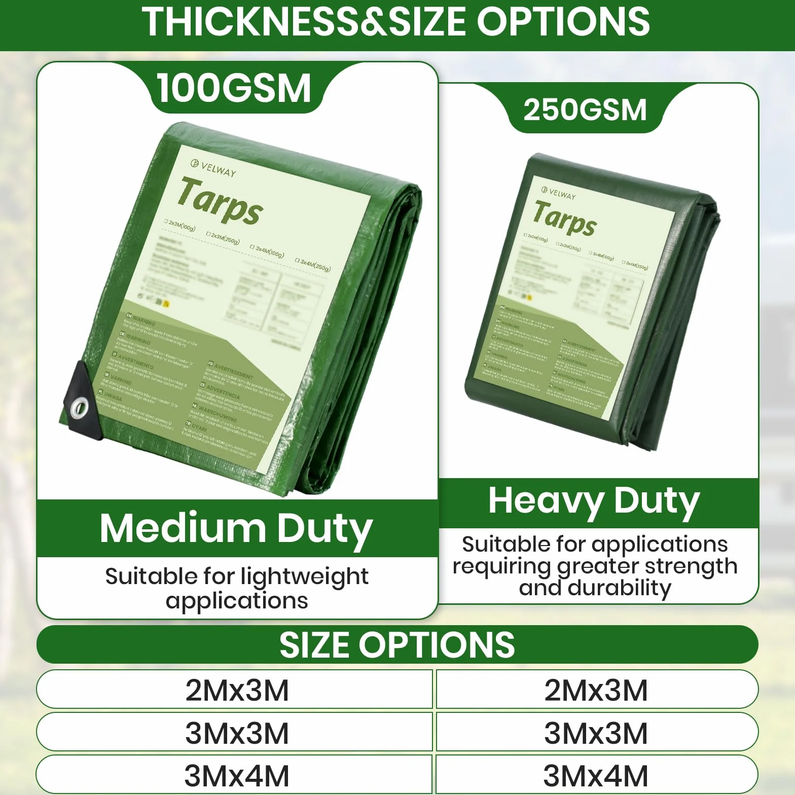 Velway Telo Impermeabile da Esterno 2x3m 100 g/m² Telone con Occhielli Rinforzati Resistente ai Raggi UV Verde