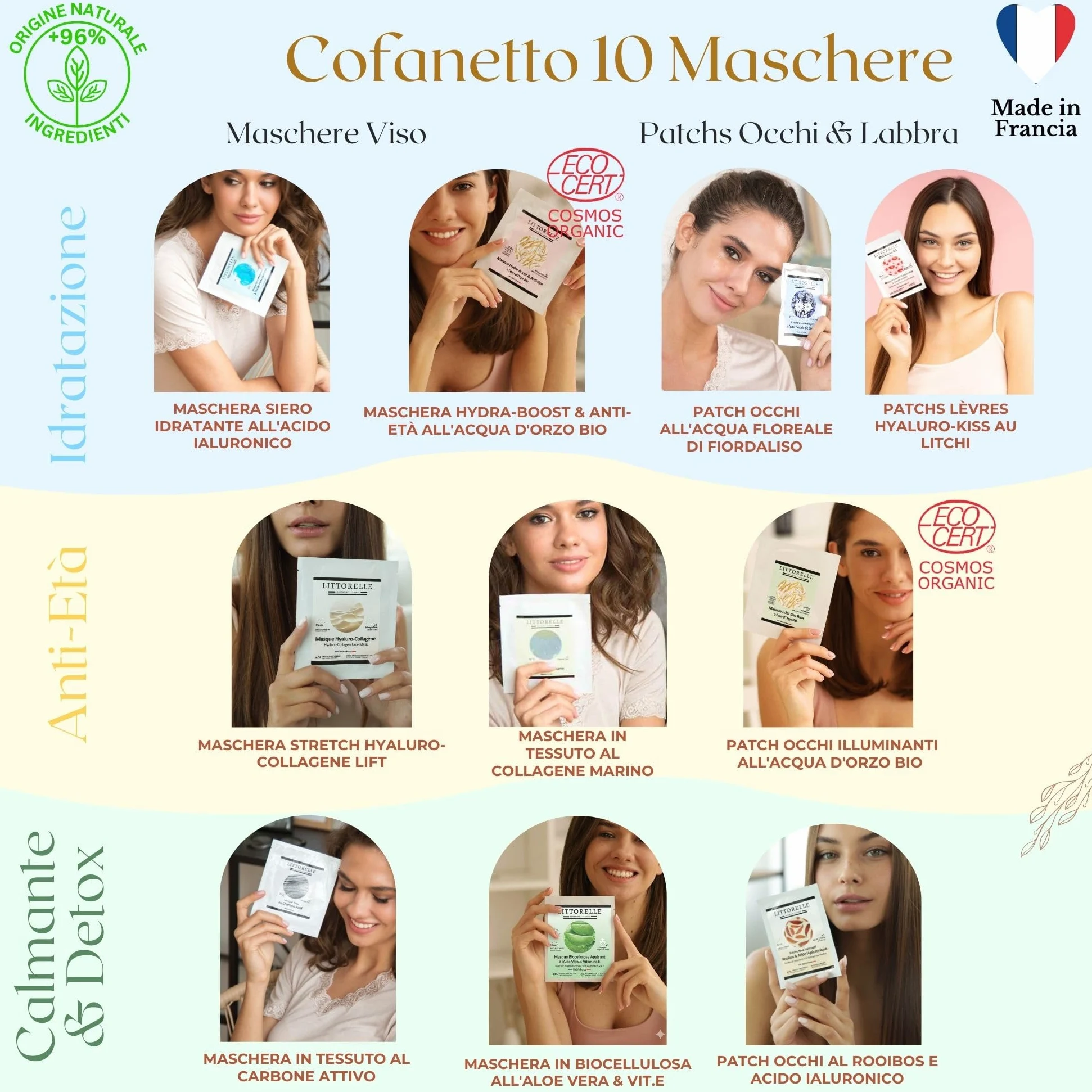 Cofanetto Bellezza 10 Maschere Viso in Tessuto & Patch Occhi Idrogel - Made in France - Idratante, Anti-Età, Detox al Collagene, Acido Ialuronico, Aloe Vera - 96% Origine Naturale - 2 Certificate Bio