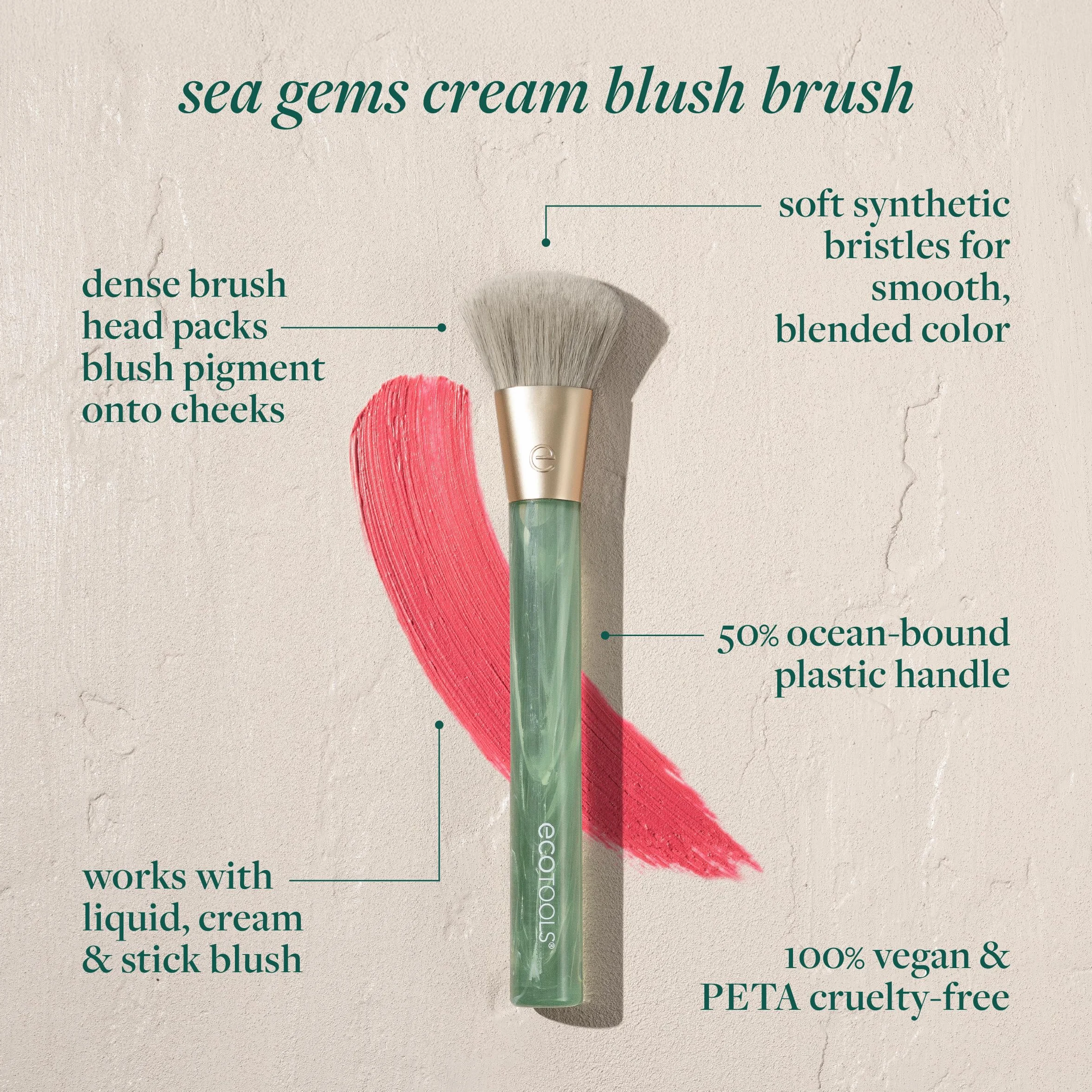EcoTools Sea Gems Cream Blush Brush, Liquid & Cream Blush Makeup Brush for Smooth Buildable Cheek Color, Dense Rounded Bristles, Sustainable Design, Vegan & Cruelty-Free, 1 Count