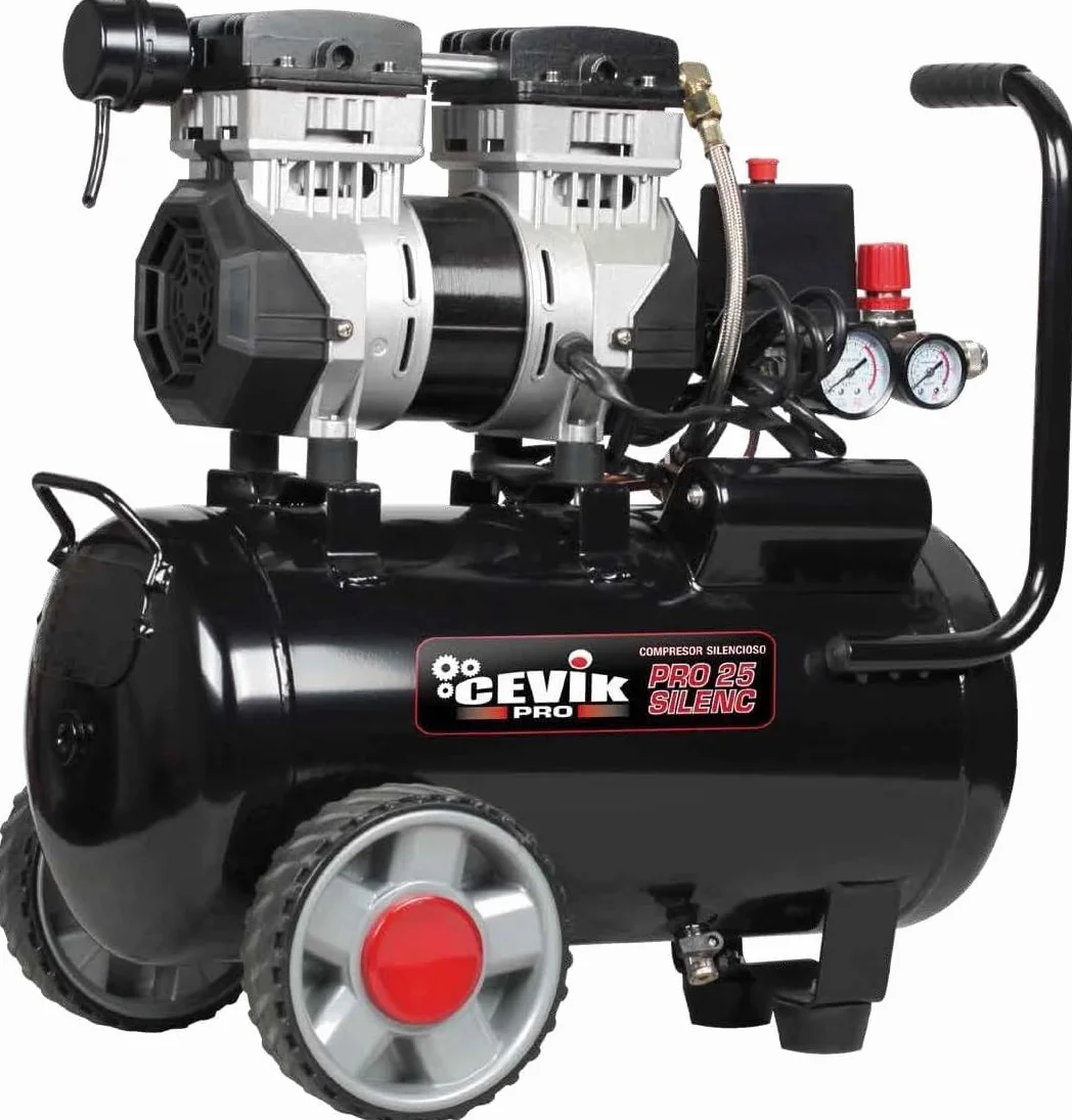 CEVIK PRO CA-PRO25SILENC Compressore Aria Silenzioso 25L 1.5HP 150 l/min 8 Bar Senza Olio Portatile Doppia Uscita