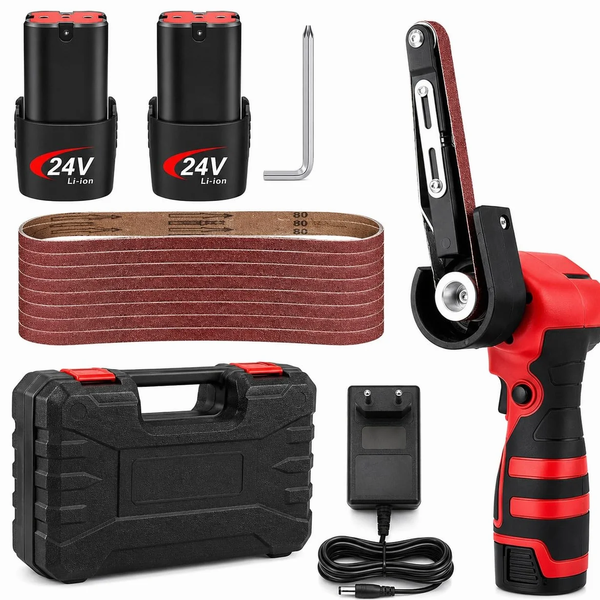 Mini Levigatrice a Nastro a Batteria 24V 10x330mm 360° con 2 Batterie 10 Nastri Abrasivi per Metallo Legno