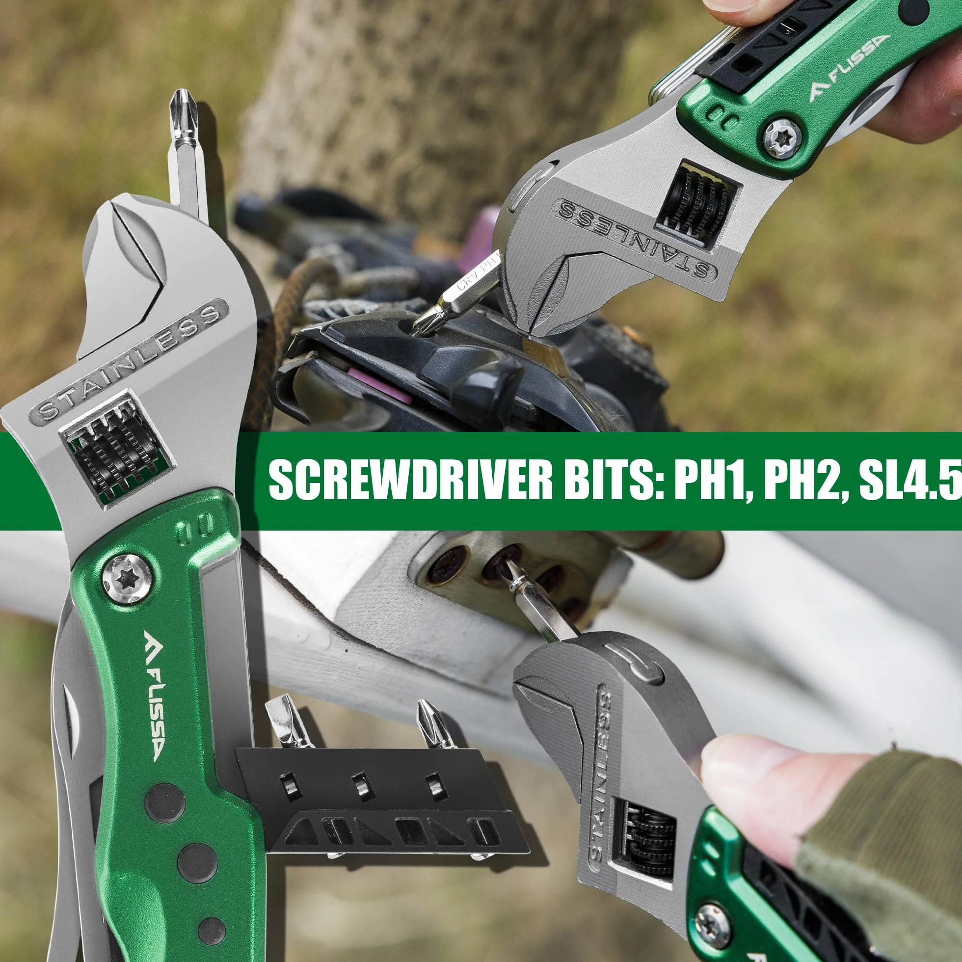 FLISSA Multitool 13 in 1 Chiave Multiutensile Regolabile con Borsa per Riparazioni Auto e Domestiche Verde