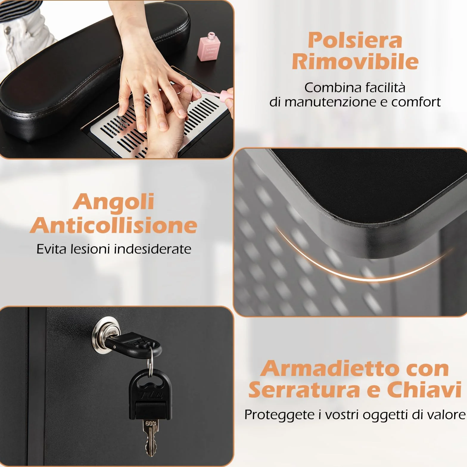 COSTWAY Tavolo Manicure con Aspiratore, Tavolo per Unghie con 6 Ruote Bloccabili, Sacchetti per Polvere, Armadio Chiudibile con 4 Vassoi, Poggiapolsi, Lampada LED e Cestino Metallico, 90x79x45cm