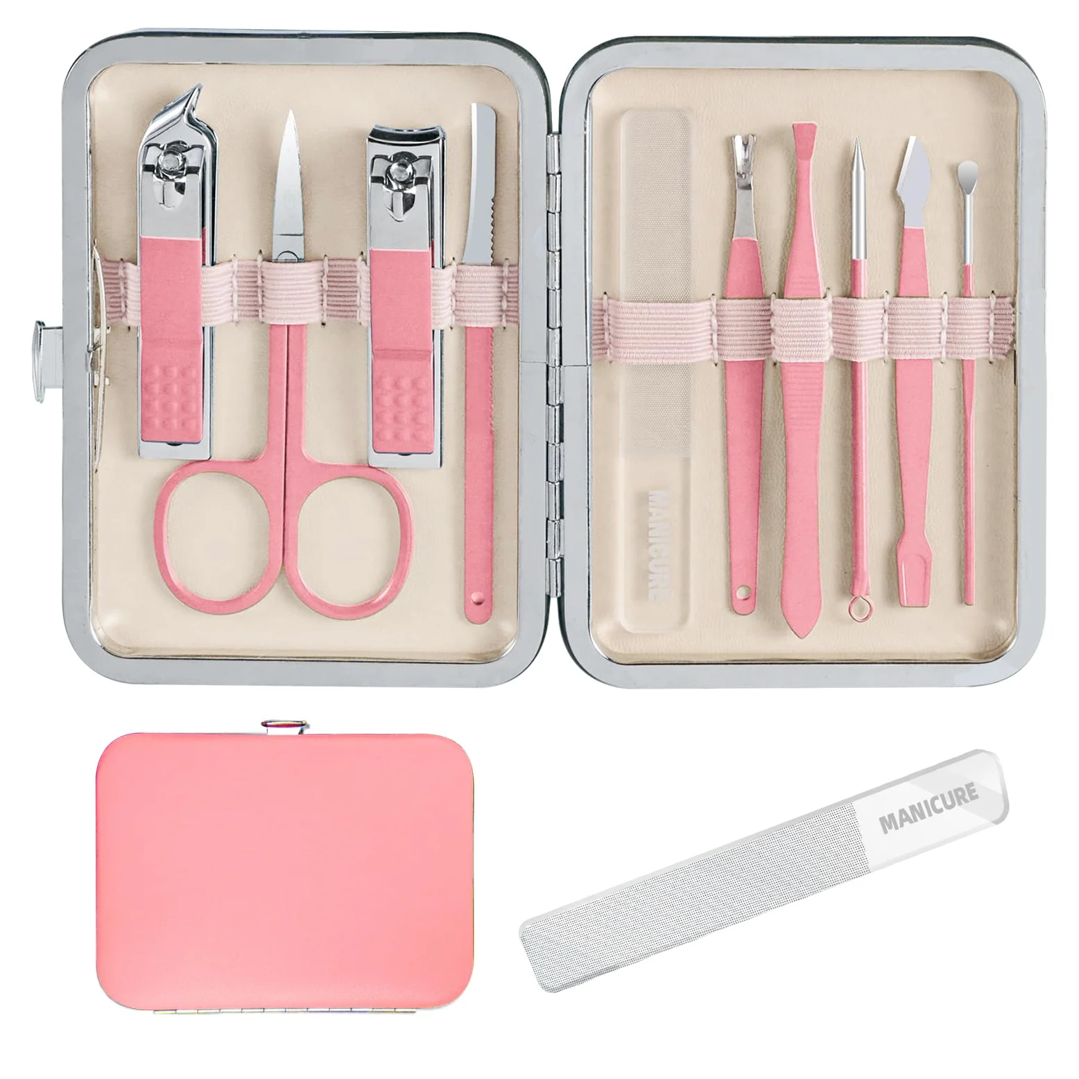 Andrea Set per manicure, 10 pezzi, kit professionale per unghie in acciaio inossidabile, kit portatile per manicure e pedicure, kit per la cura delle unghie (rosa)