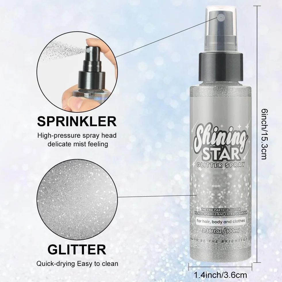 LOPHE Spray Brillantini Glitter, Glitterato Spray per Corpo Viso, Brillantini Corpo Vestiti per Capelli, Ultra Fine, Body Shimmer per Festival di Halloween, Club, Feste (100ml, Argento)