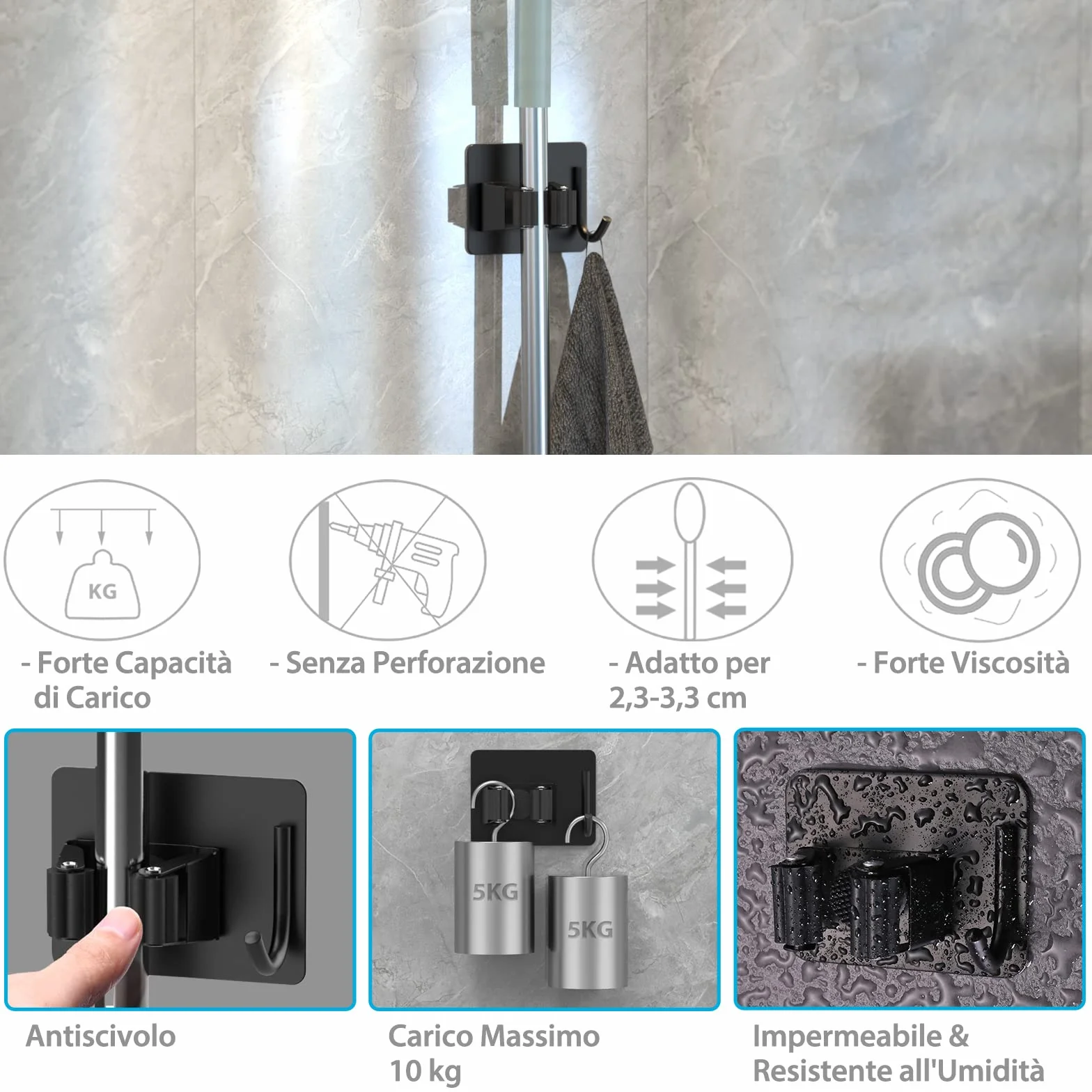 HOMEASY Portascope da Muro Adesivo Appendibile 4 Pezzi, Acciaio Inossidabile per Cucina Bagno Giardino, Nero