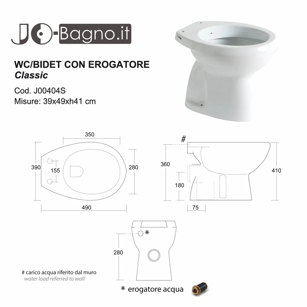 Vaso WC con Bidet Incorporato Ceramica Sanitari CLASSIC Scarico a Terra Made In Italy
