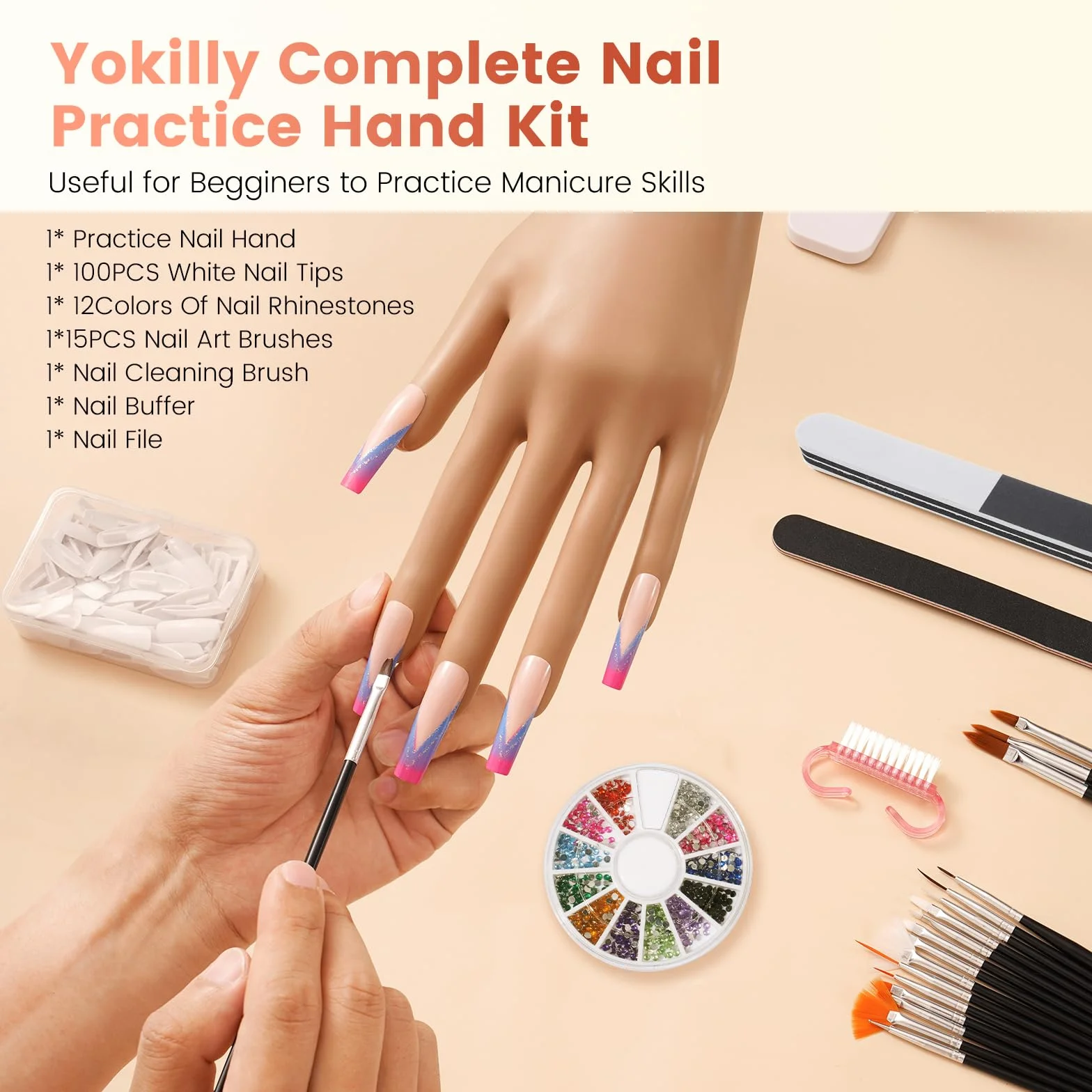 Yokilly Mano di esercizio per il design delle unghie: in silicone per unghie in gel – flessibile e mobile manicure per esercizi a mano – Kit per manichino per principianti