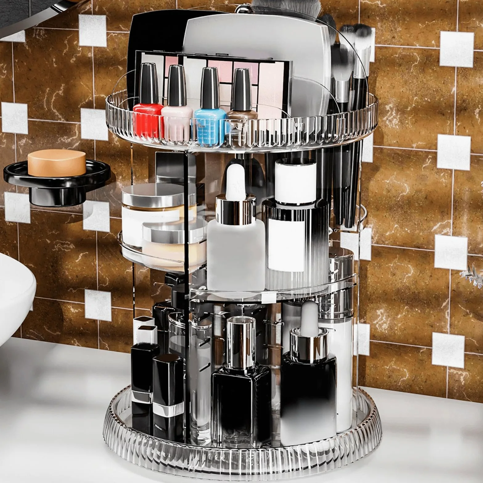 Organizer rotante per trucchi, espositore per trucchi in acrilico | ripiano organizer per la cura della pelle, scaffale per trucco a 360 gradi, organizer rotante in acrilico progettato a