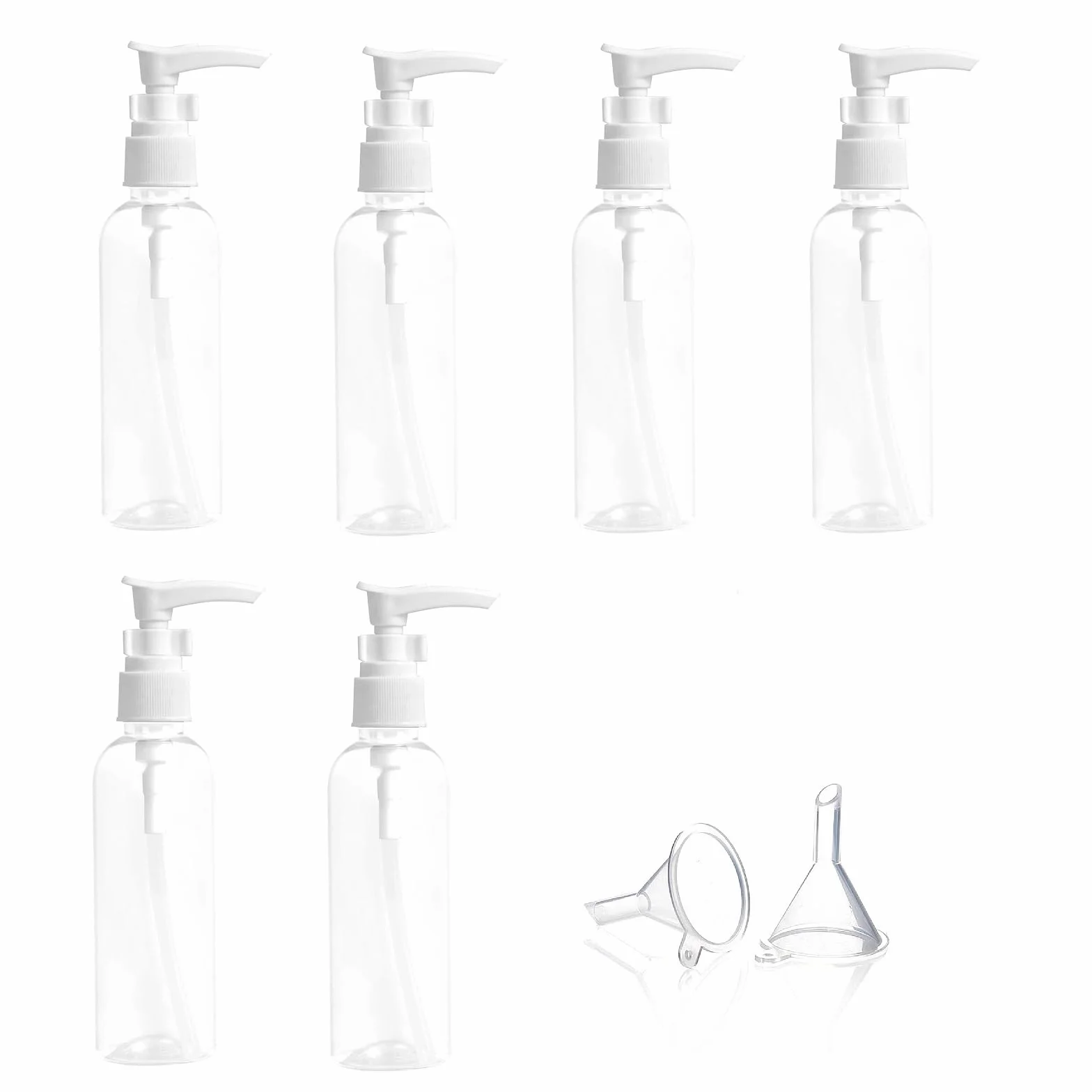Bottiglia Pompa da Viaggio in Plastica,Dispenser per Lozione,Boccette Contenitori Ricaricabile 6PC Bottiglie da Viaggio Trasparenti 100ml con 2 Piccoli Imbuti per Cosmetici Lozione Bagno Shampoo