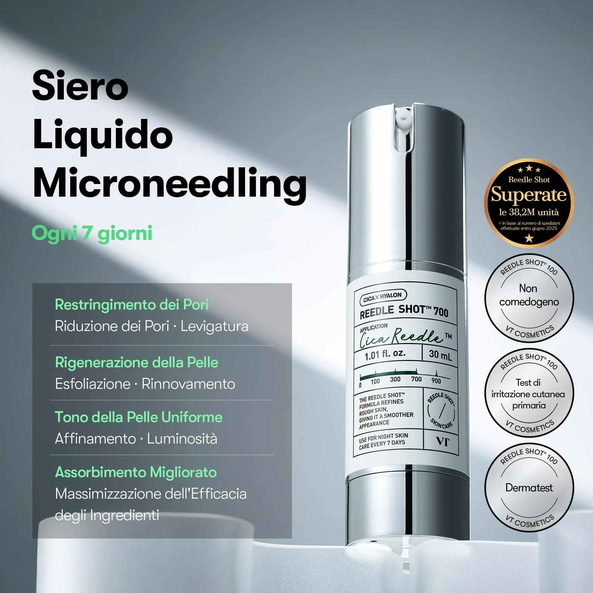 VT COSMETICS VT REEDLE SHOT 700, siero di microago Advanced Night Exosome, centella asiatica, acido ialuronico, propoli, rigenerazione