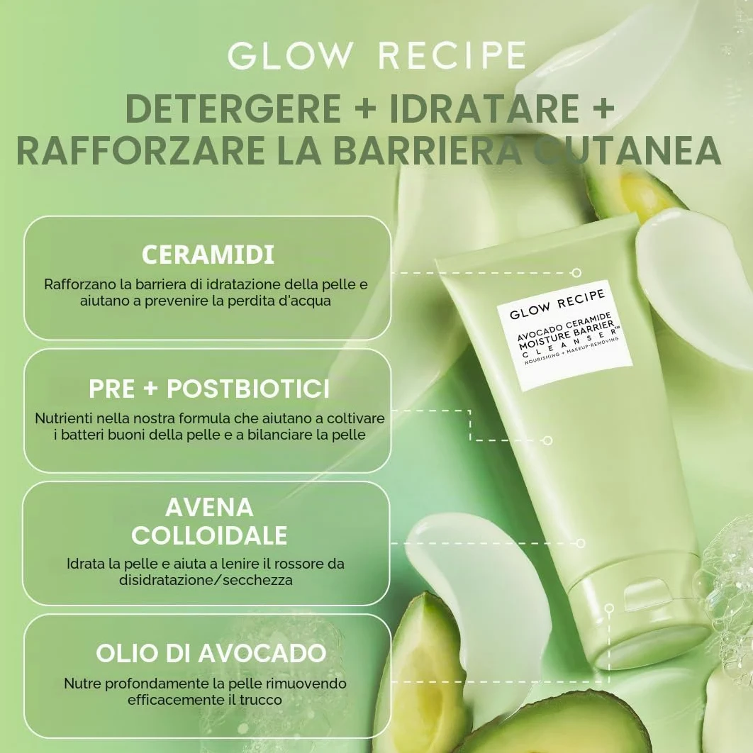 Glow Recipe Avocado Cleanser detergente viso con barriera idratante e ceramica di avocado, detergente idratante per la pelle secca, struccante quotidiano e delicato