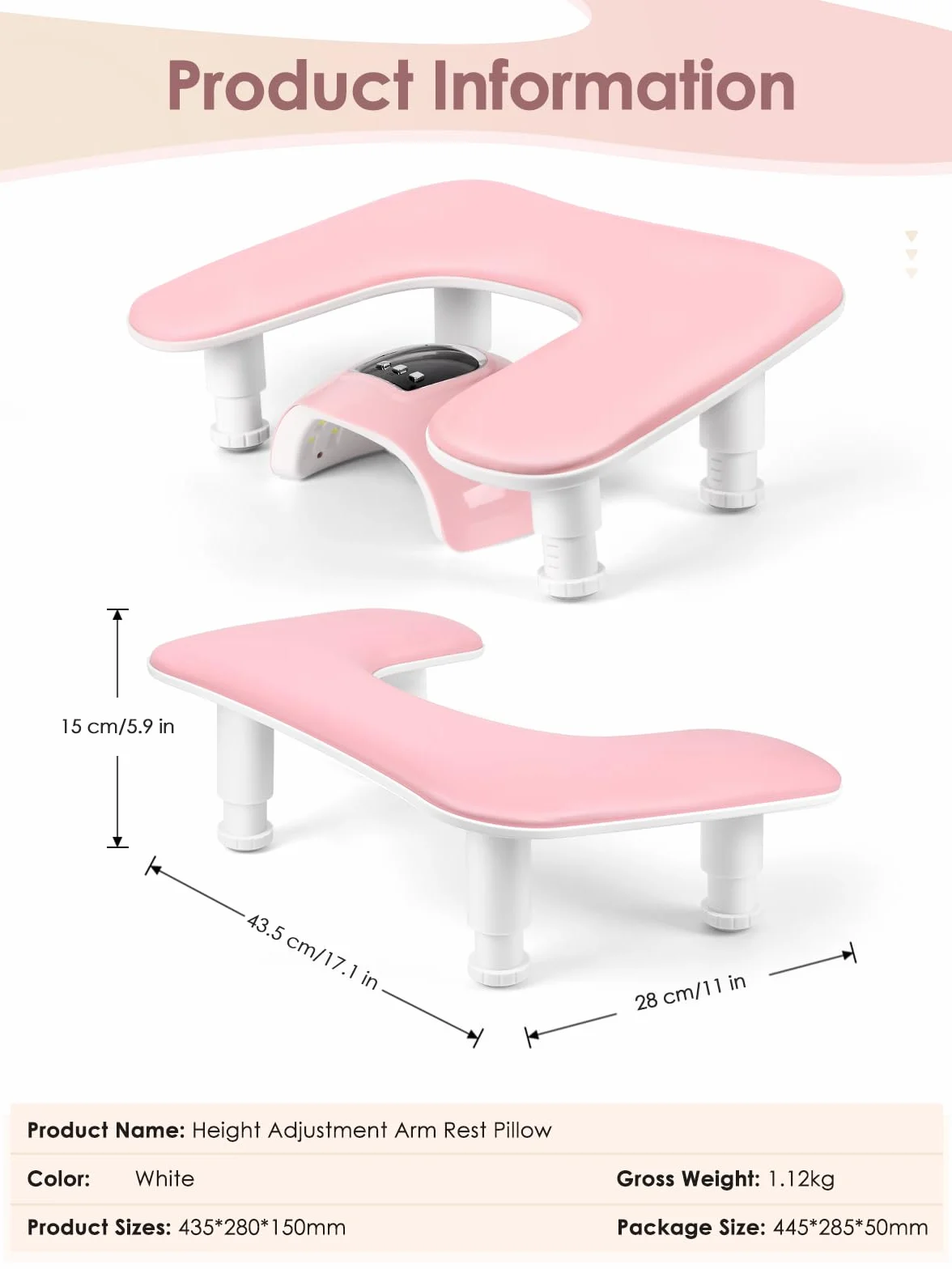 Bracciolo per mano a forma di U, poggiamani per unghie, colore rosa, per amanti della nail art, salone di nail art, per principianti e professionisti（Rosa)