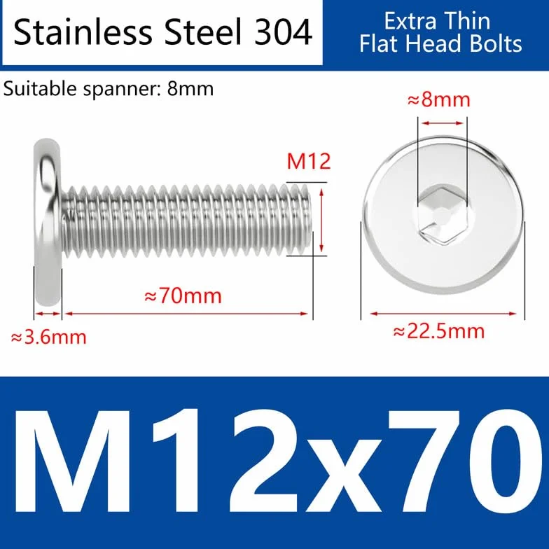 2 Pcs M12 x 70mm Esagono interno Extra sottili Testa piatta Bulloni A basso profilo Viti per macchine