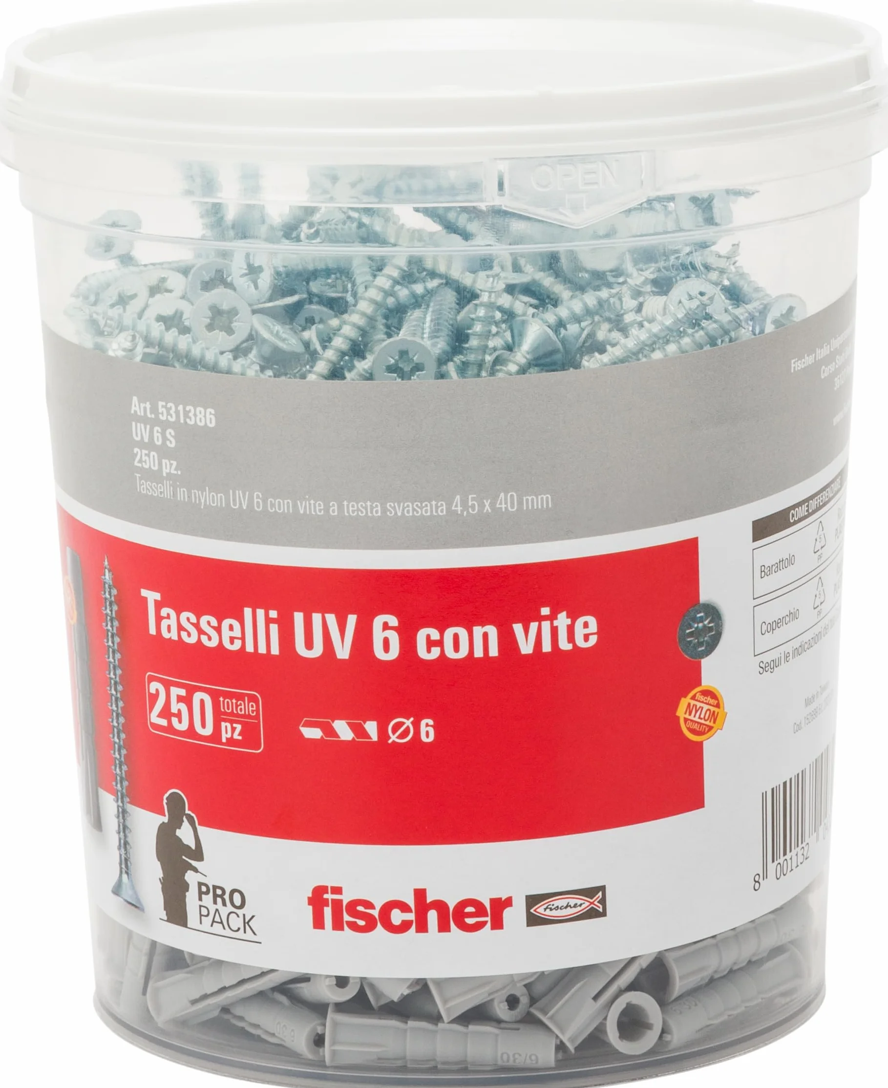 Fischer UV 6 S Tasselli con Vite 6 x 30 mm 250 Pezzi per Mattoni Pieni e Forati Grigio
