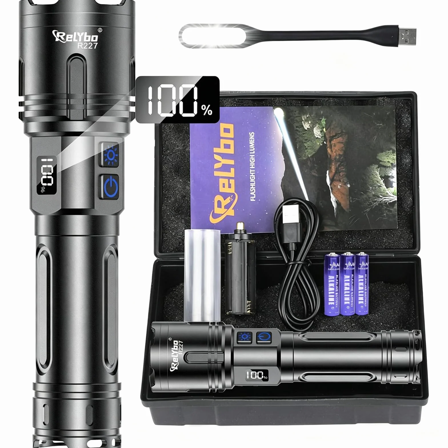 Relybo XHM90.2 Torcia LED 1,000,000 Lumens Ricaricabile USB C Dimmerabile Tattica