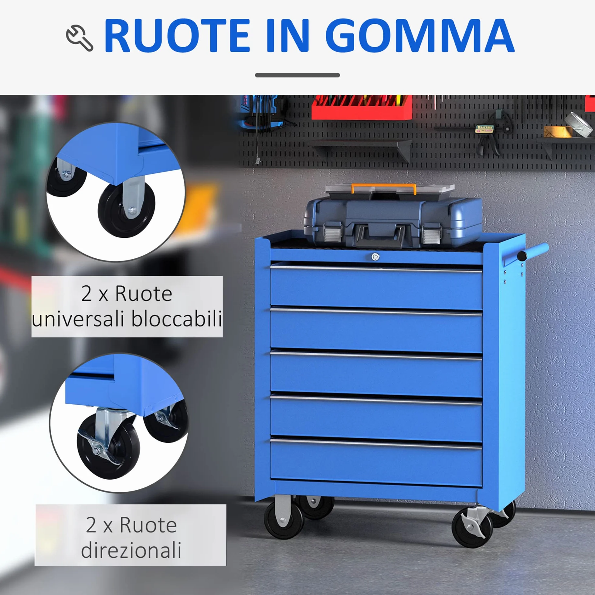 HOMCOM Carrello da Officina 5 Cassetti con Ruote in Metallo Blu 67.5x33x77cm