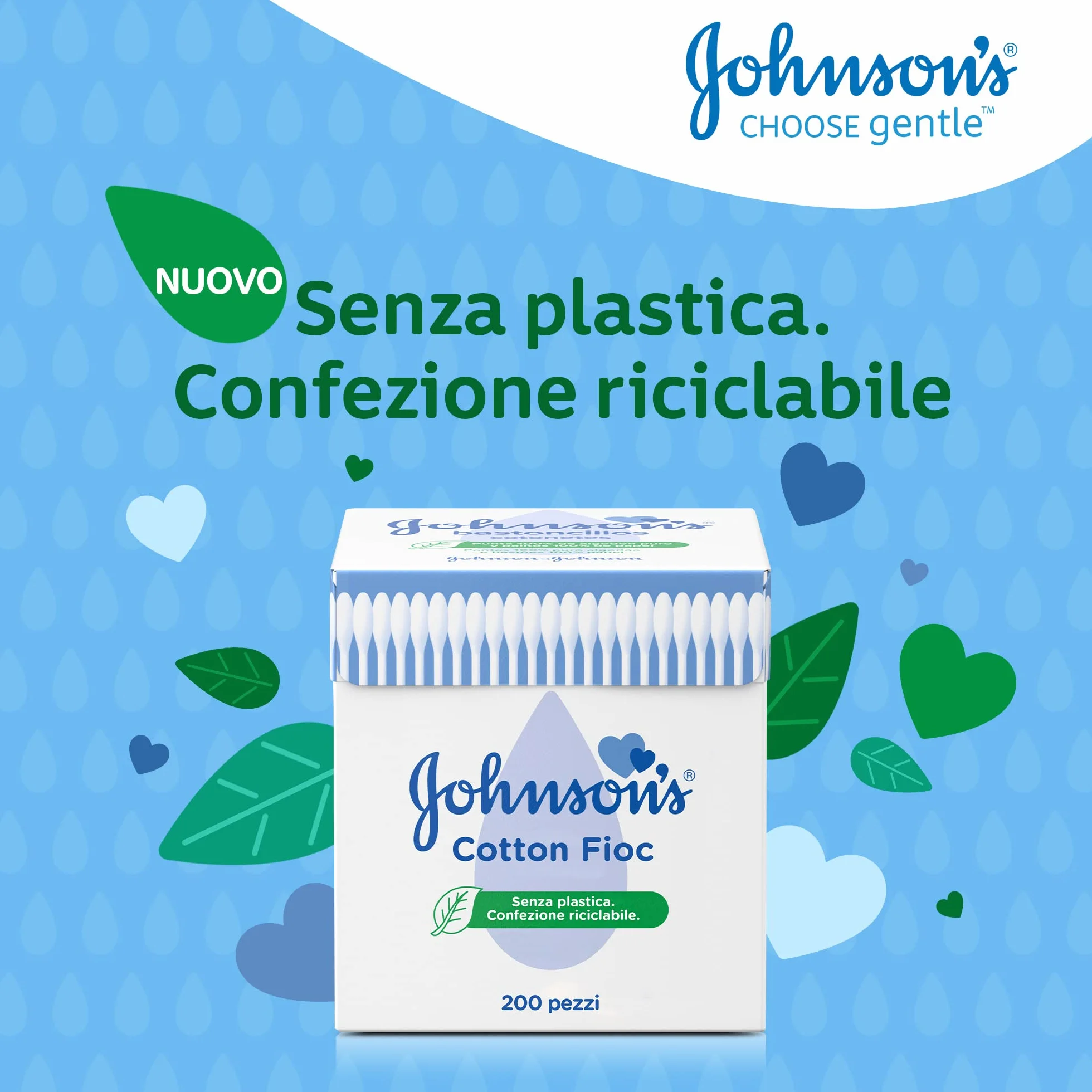Johnson's Baby Cotton Fioc 200 Pezzi, Cotton fioc neonato e adulto morbidi e delicati, Bastoncini in carta e cotone ipoallergenici per la pulizia orecchie e contorno occhi e per il trucco