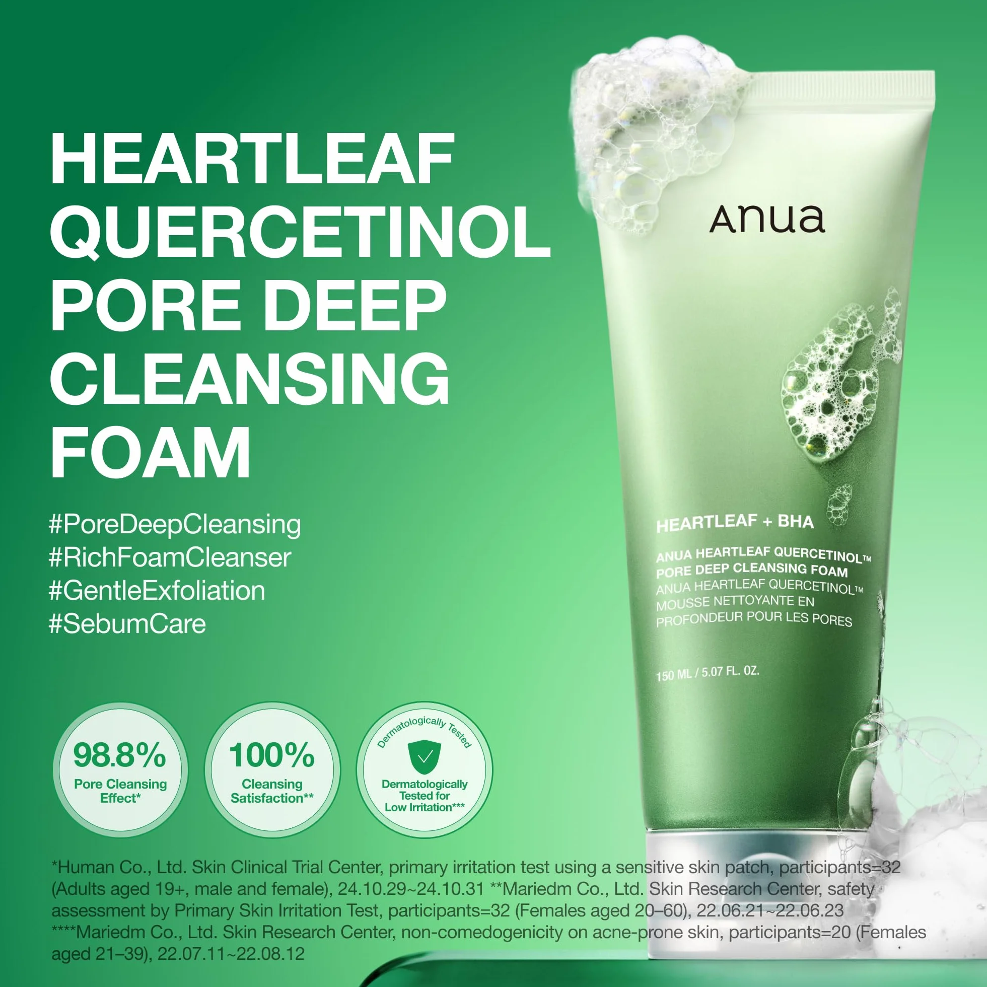ANUA Heartleaf Quercetinol Pore Deep Cleansing Foam, detergente viso, per doppia pulizia, BHA, acido ialuronico, glicerina, detergente viso, rimozione punti neri, (150 ml/5,07 fl.oz.)