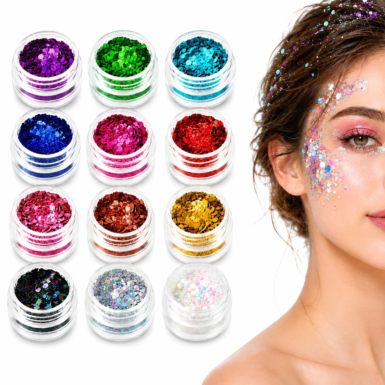 Paillette Brillanti per Viso 12 Colori, Paillette Cosmetiche Multicolori per Occhi, Capelli, Corpo, Unghie, Decorazioni per Feste e Creazioni Artistiche Fai da Te