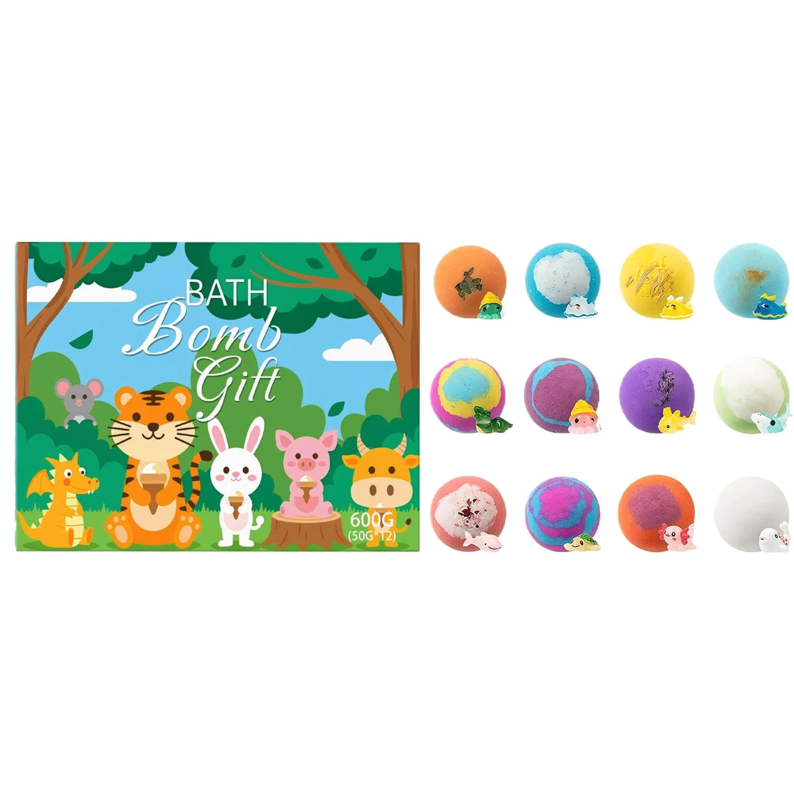 Kit di Bagno con Bombette Effervescenti Set da 12 Pezzi Variopinte | Con Piccoli Animali Giocattolo Dentro per Favors Regalo, Riempicalze, Relax, Bambini e Bambine