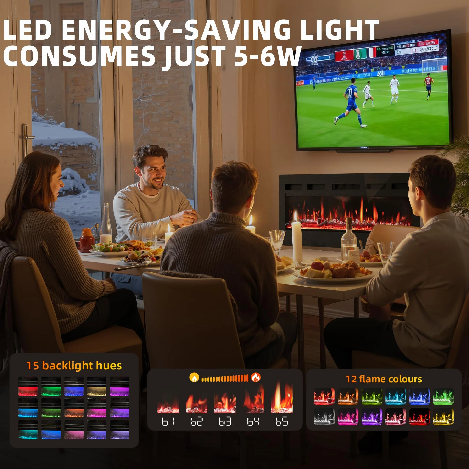 Camino Elettrico 92cm 900W/1800W Fiamma 12 Colori Scintillio Termostato Preciso 15-30°C Touchscreen Telecomando