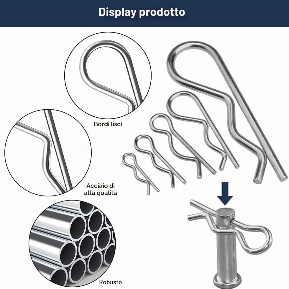Set di 6 Coppiglie Spaccate in Acciaio Inox, R Clip a Molla per Auto e Trattori