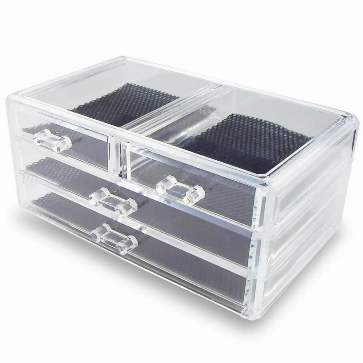Organizzatore Cosmetico in Acrilico a 3 Livelli 4 Cassetti 1005-2 | Trasparente e Rigido, Fondo in Rete Antiscivolo Removibile, per Make-up e Beauty Gadget, Uso Casa o Professionale