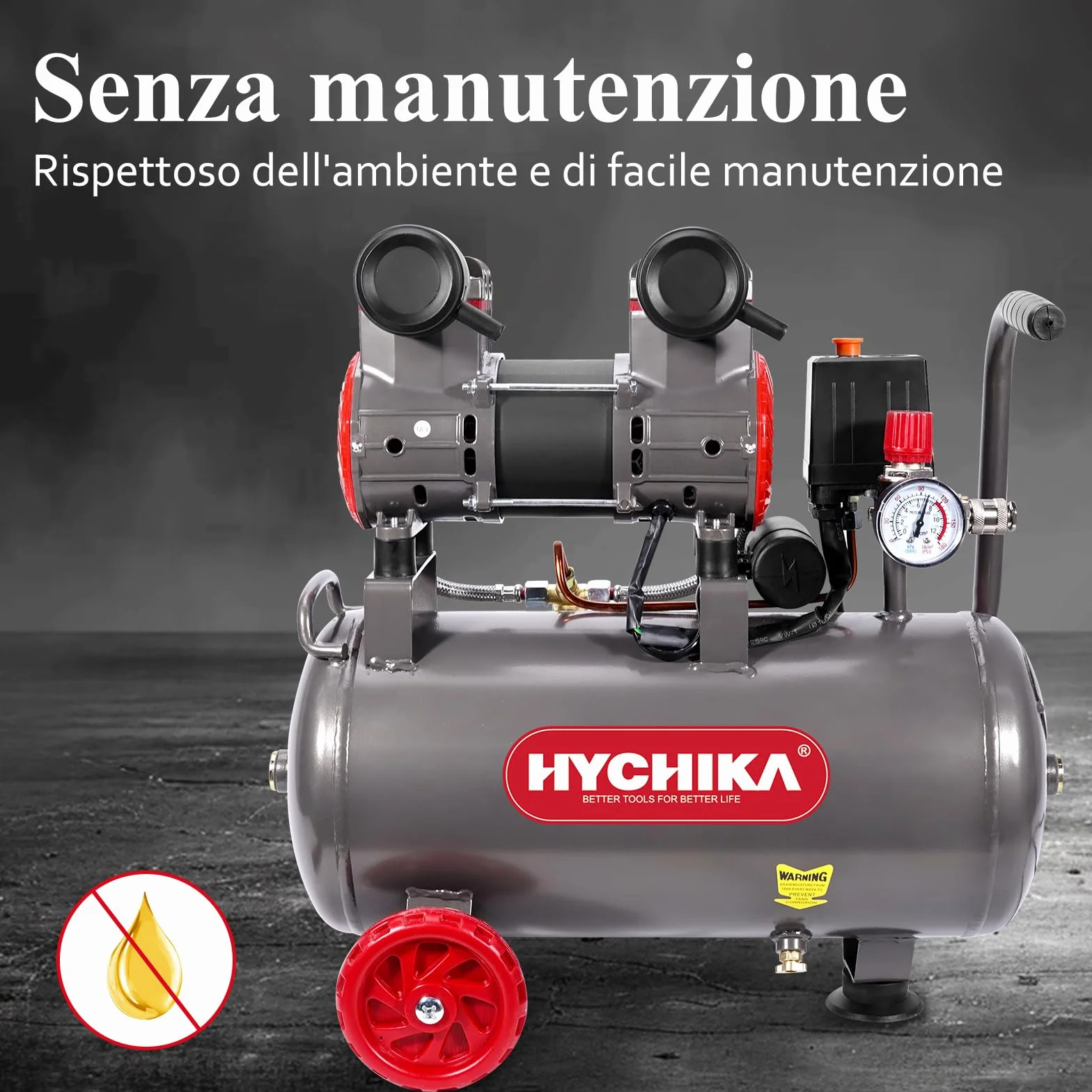 HYCHIKA Compressore Aria Silenziato 24 litri 8 Bar 230V-240V 1100W Senza Olio