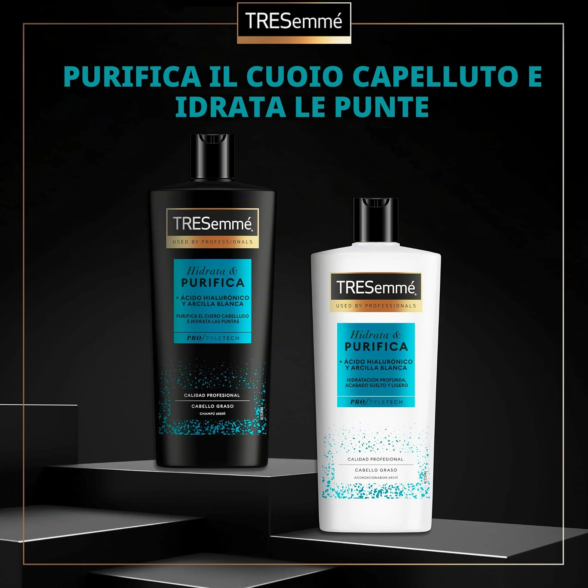 TRESemmé Shampoo idratante & purificante per capelli grassi con acido ialuronico e argilla bianca, pulisce e idrata - confezione da 6 x 685 ml