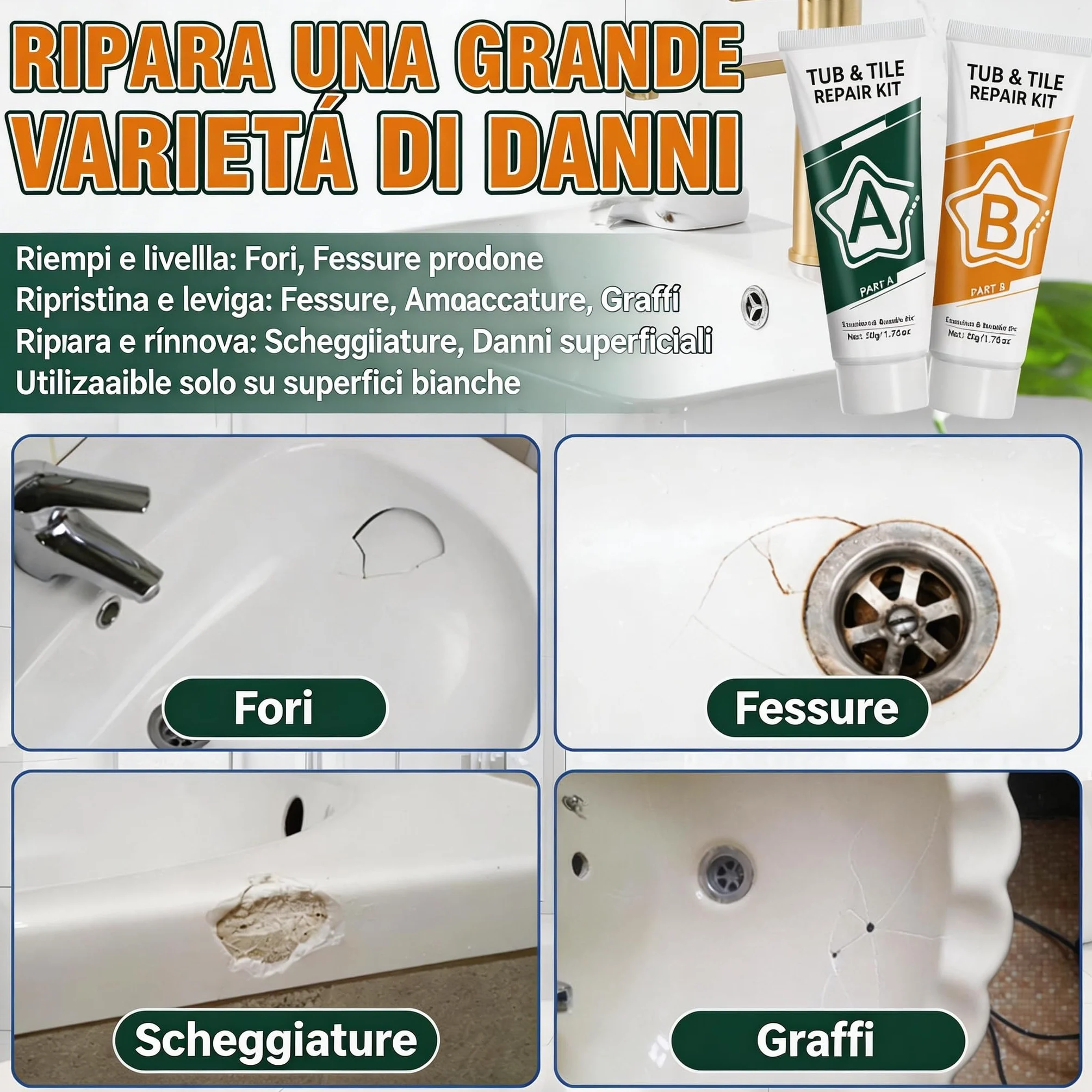 Kit Riparazione Piastrelle Impermeabile per Fibra di Vetro, Porcellana, Ceramica e Smalto
