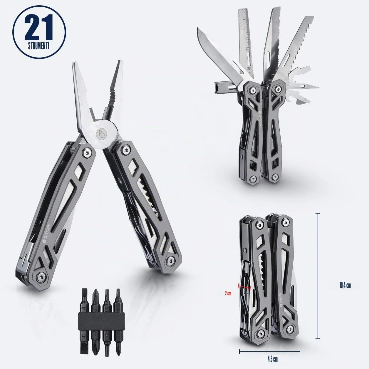Pinza Multiuso BIBURY in Acciaio Inossidabile con Coltello, Apribottiglie, Cacciavite, Attrezzi EDC per Campeggio e Riparazioni