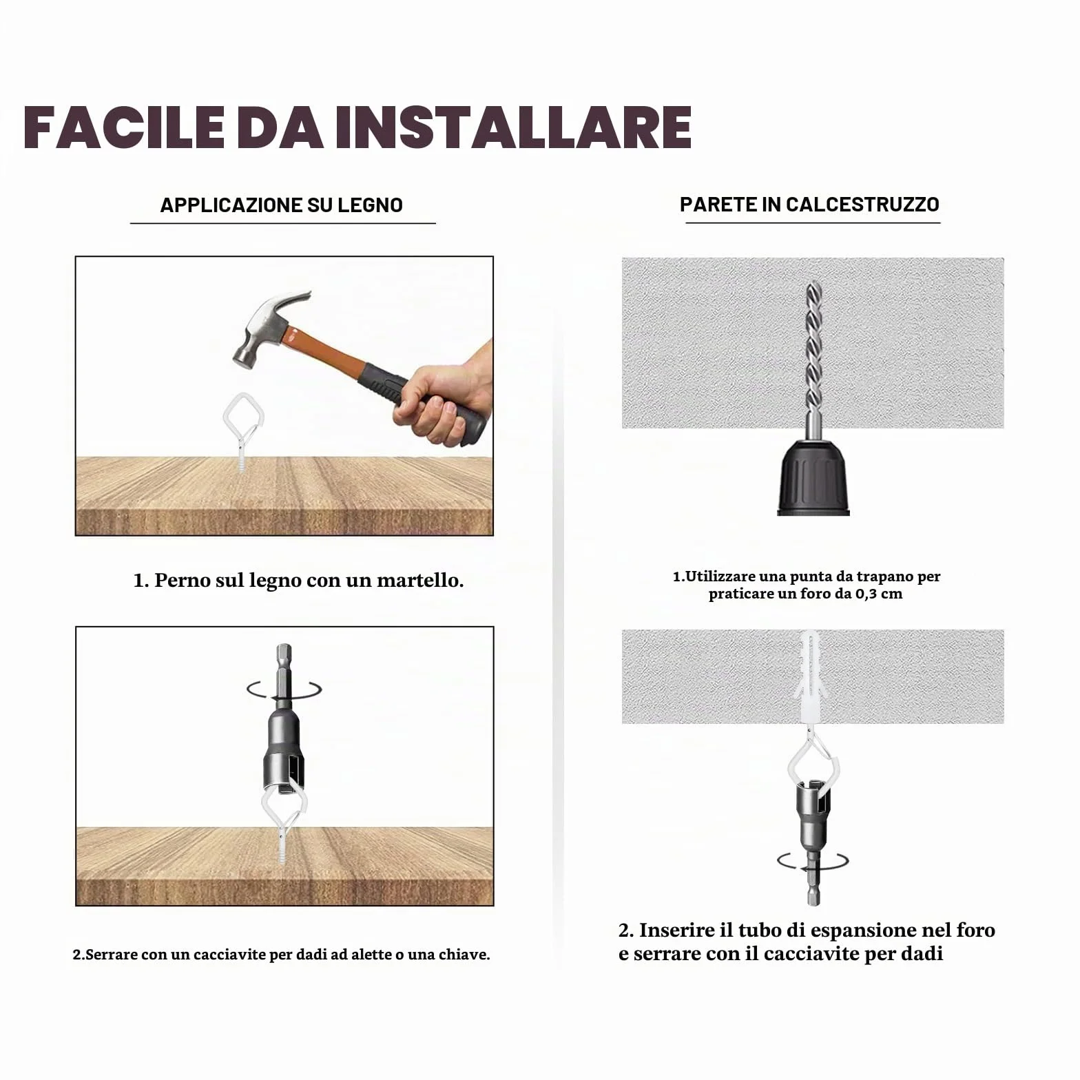 Ganci a vite in acciaio inossidabile bianchi, set da 20 pezzi per parete e soffitto