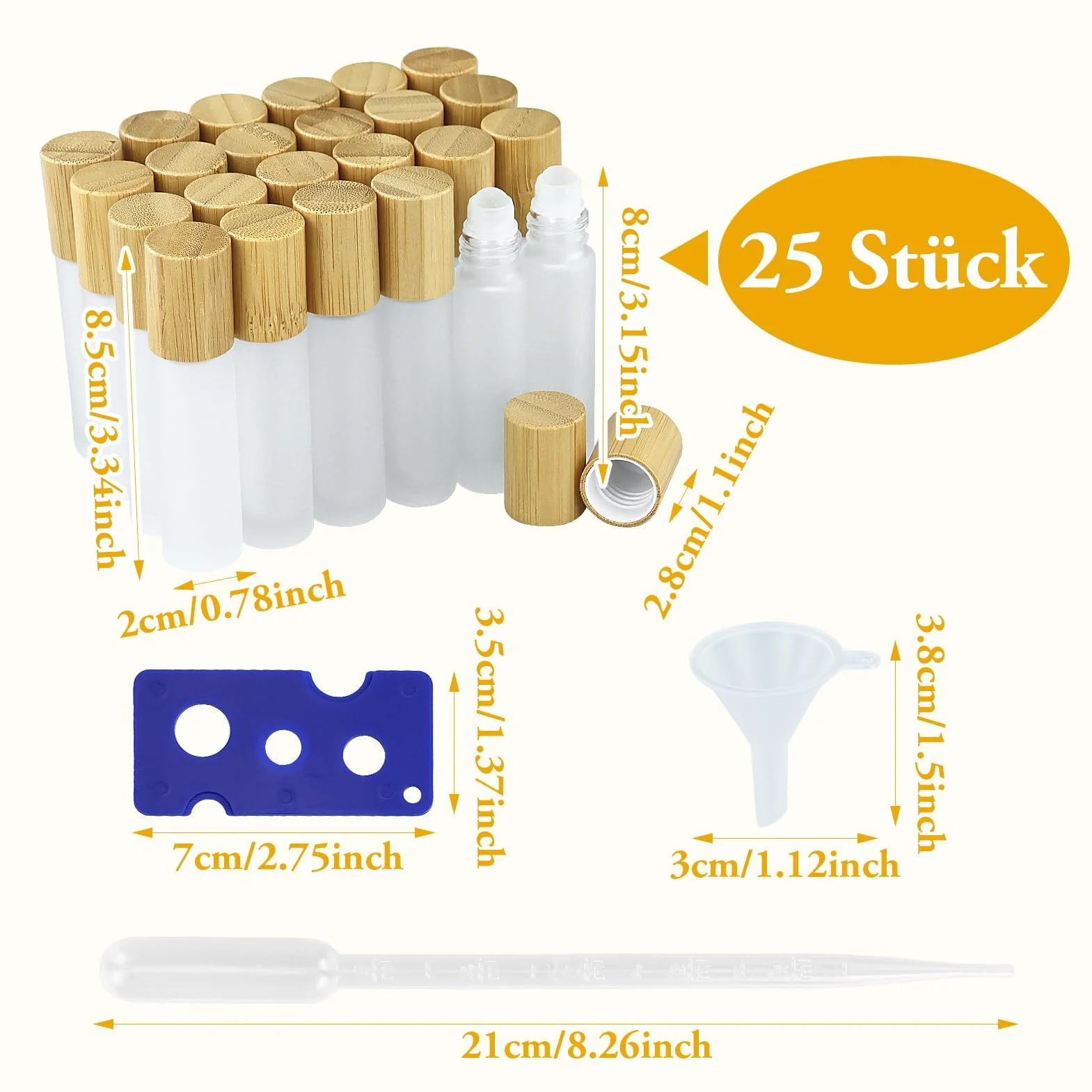 25 Pezzi Roll On Vuoto per Oli Essenziali,Roll On Vuoto 10 ml, in vetro trasparente, con rullo in acciaio inox e coperchio in bambù, per olio essenziale, spa, massaggio