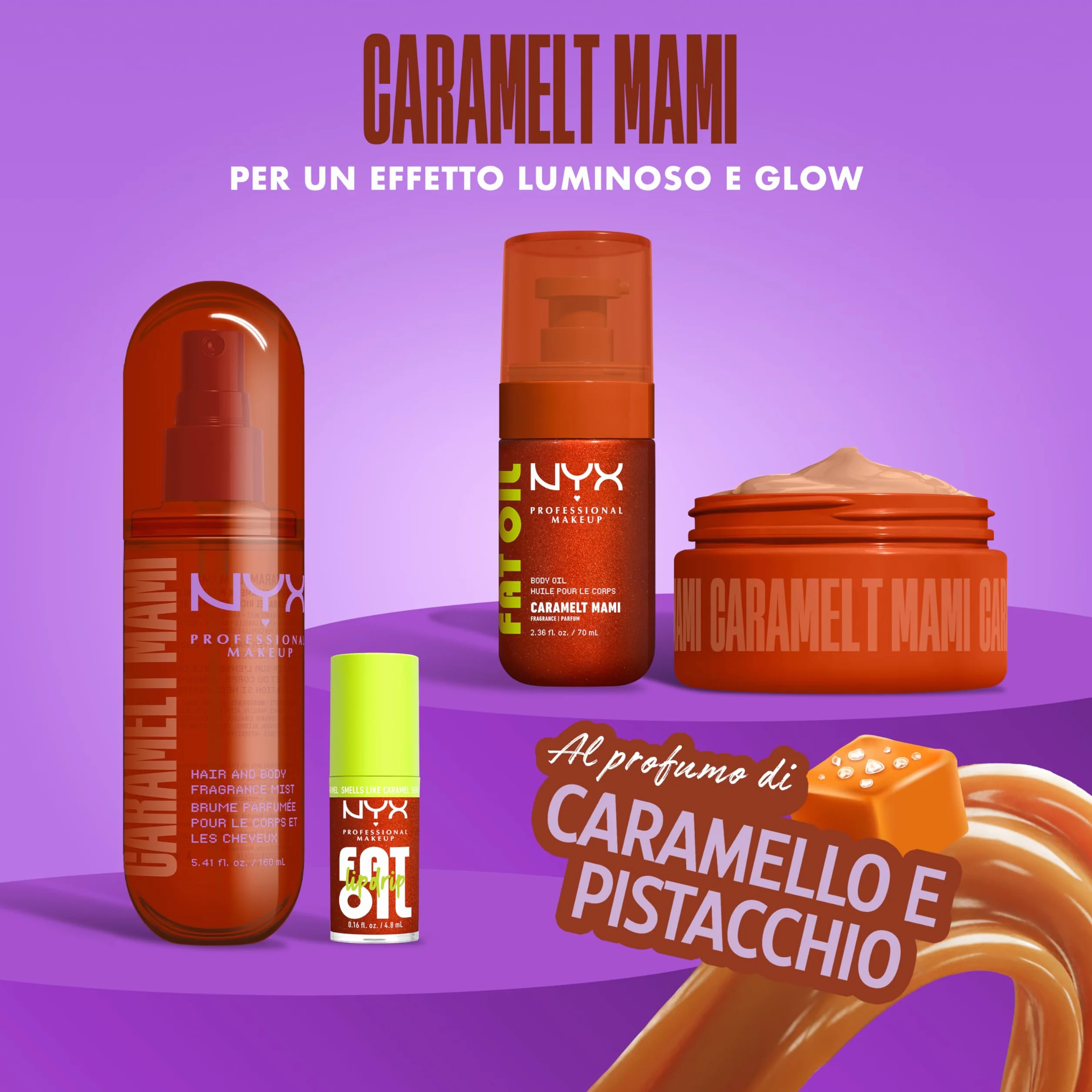 NYX Professional Makeup Fat Oil Body Mist Spray Corpo e Capelli, Fragranza Intensa, Effetto Avvolgente, Al profumo di Caramello e Pistacchio, Caramelt Mami,80 ml